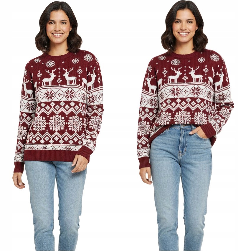 Bordó dámský vánoční svetr s motivy sobů a sněhové vločky, teplý pletený, XXL