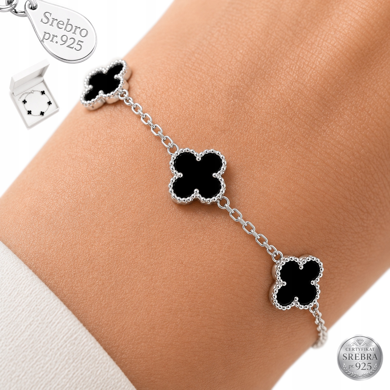 Stříbrný dámský náramek Stříbro 925 Italský Diamantovaný Černý Onyx