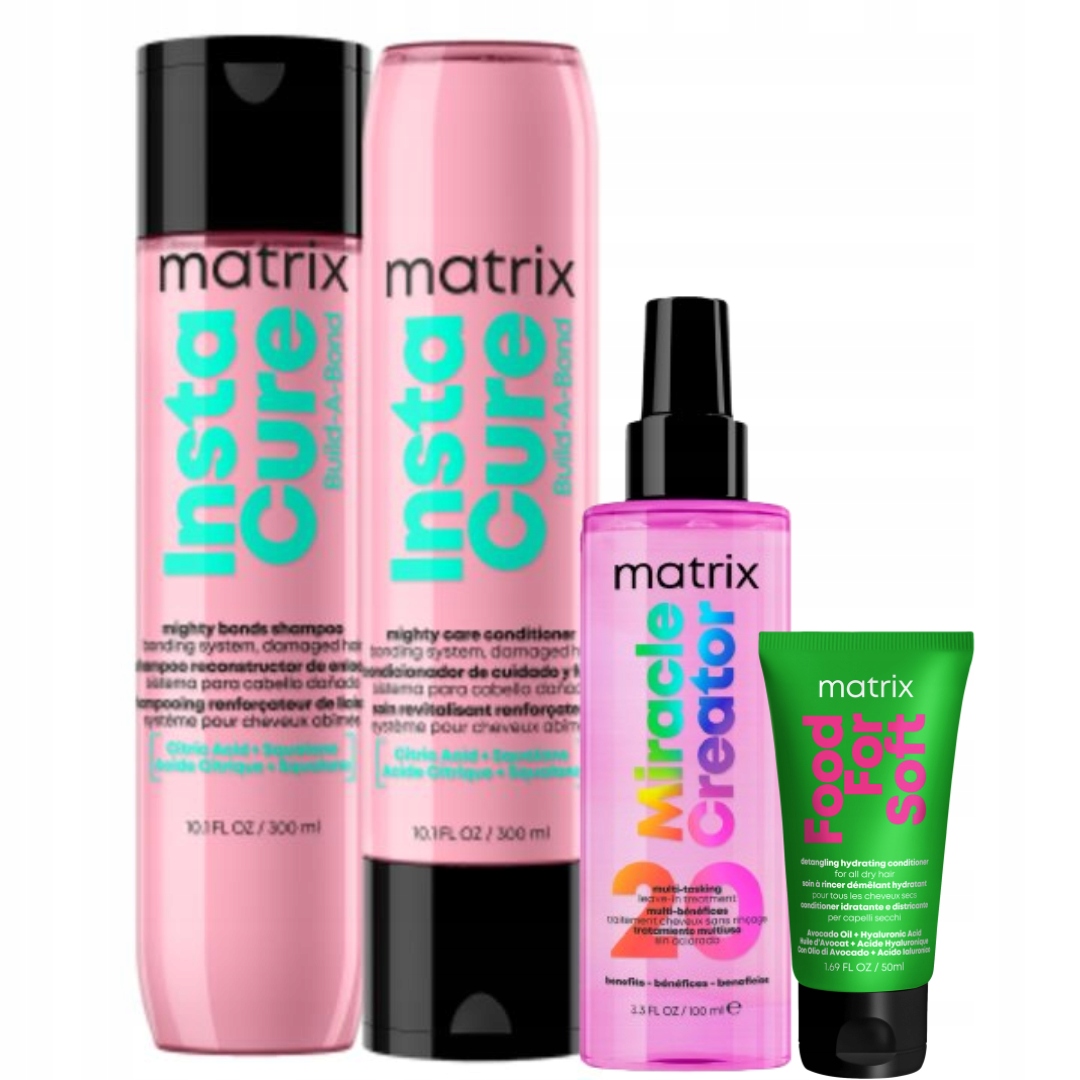 Food For Soft + Instacure Build-A-Bond + Miracle Creator zestaw: szampon 300 ml + odżywka 300 ml + spray 100 ml + odżywka 50 ml