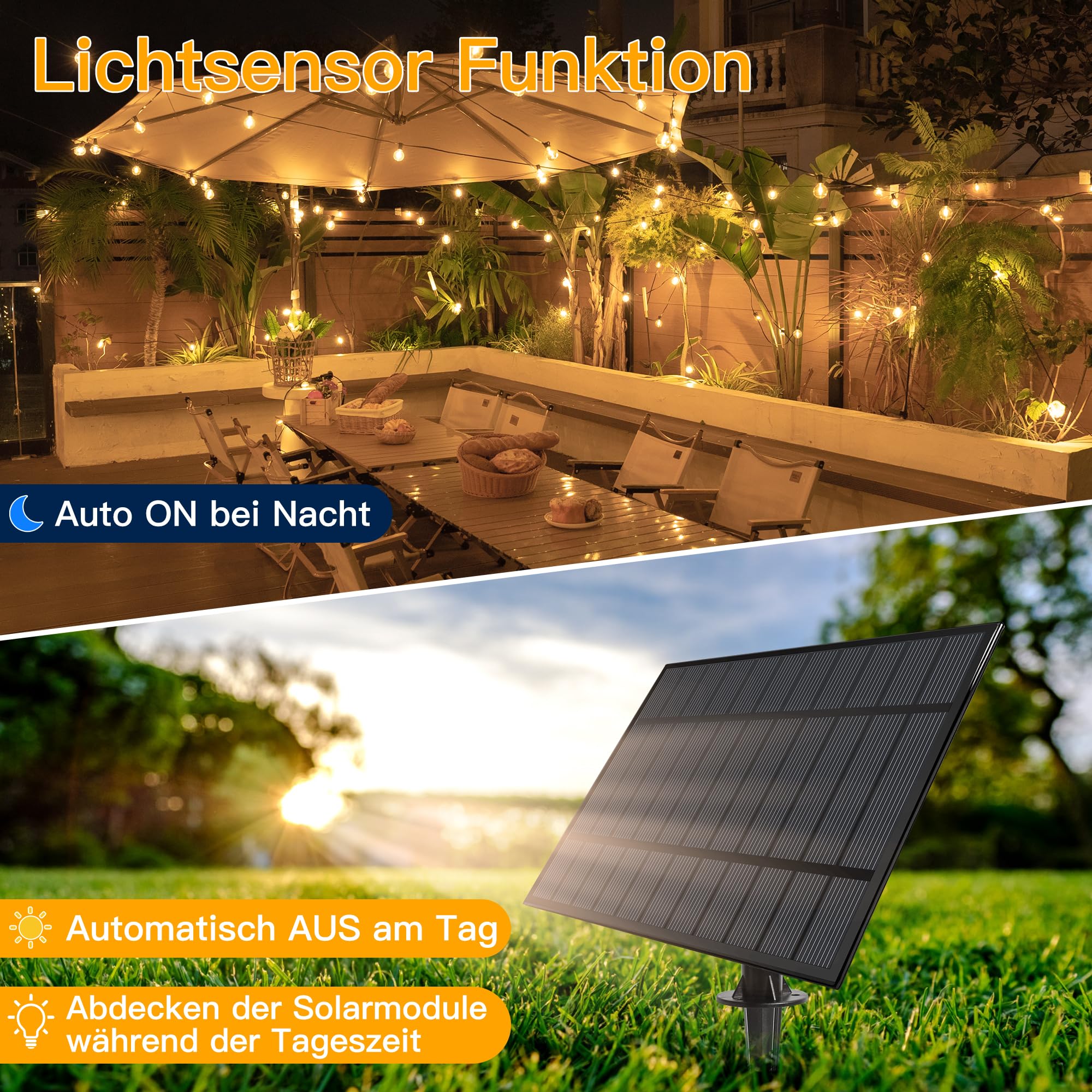 OLLNY Solarna Girlanda Zewnętrzna 10M 17 LED Pilot IP65 Ogród Balkon Party — miniatura 2