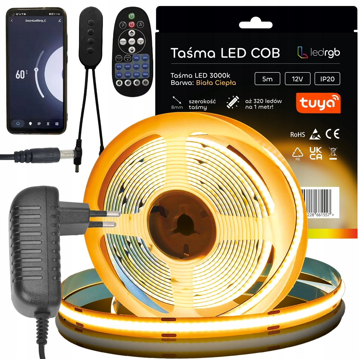 Zestaw Taśma Led Neon Cob 12V 5m 3000K Biała Ciepła Wifi Tuya Ściemniacz