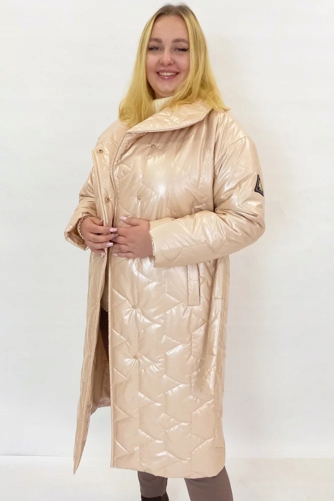 Dlouhý dámský zimní prošívaný kabát s leskem, béžová, béžová, velikost 38