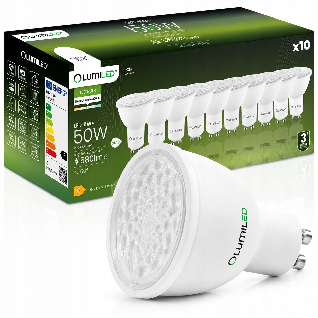 10x Led žárovka GU10 6W 50W 580lm 4000K Neutrální Nastavitelná 24° 36° 60°