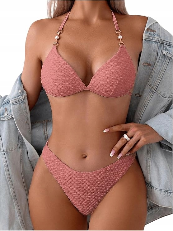 Bikini damski zestaw z łańcuszkami, wiązane na szyi, trójkąt, bikini