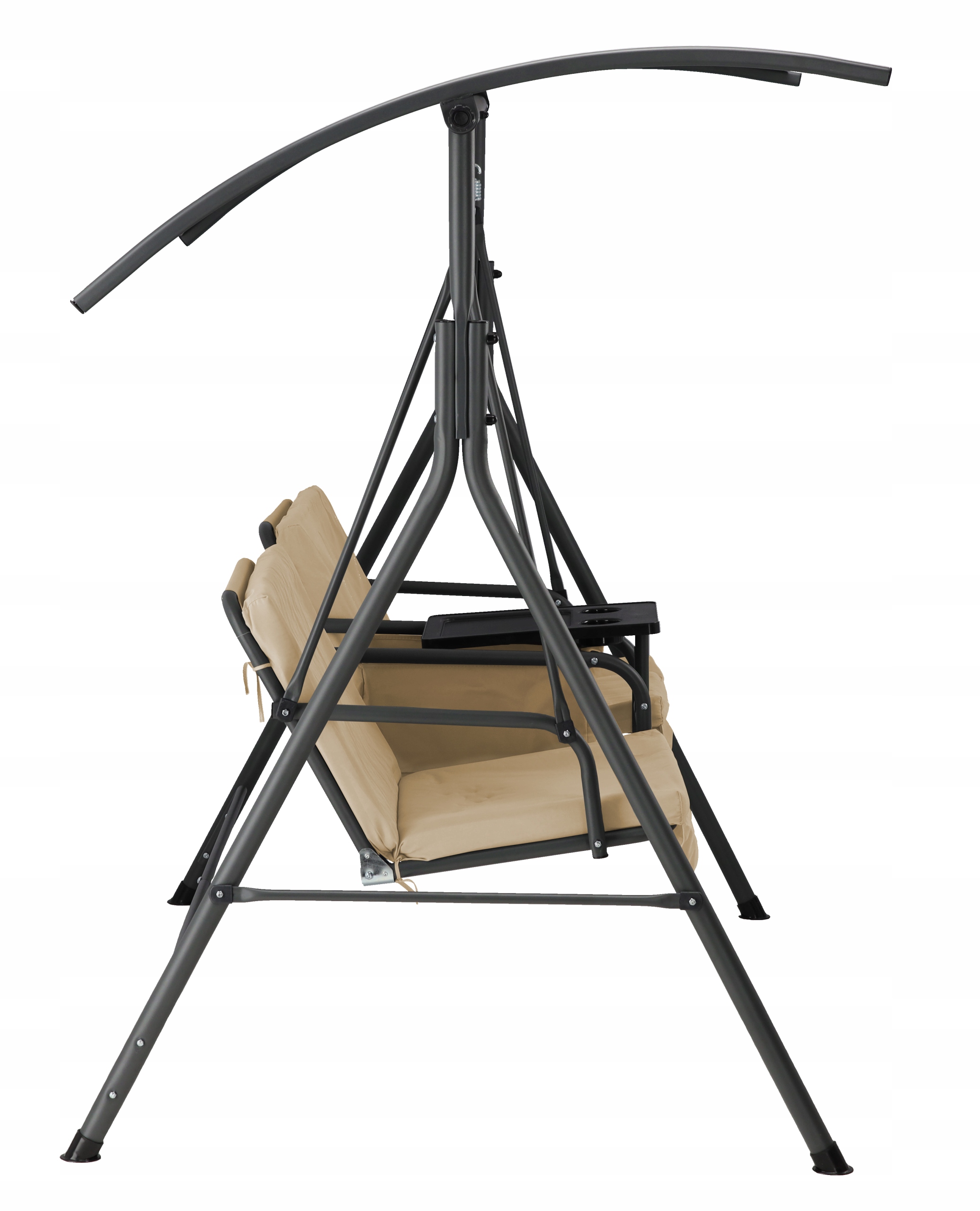 HUŚTAWKA OGRODOWA DWUOSOBOWA Z PODSTAWKĄ NA KUBKI REGULOWANY DASZEK BEŻOWA Szerokość siedziska 117 cm