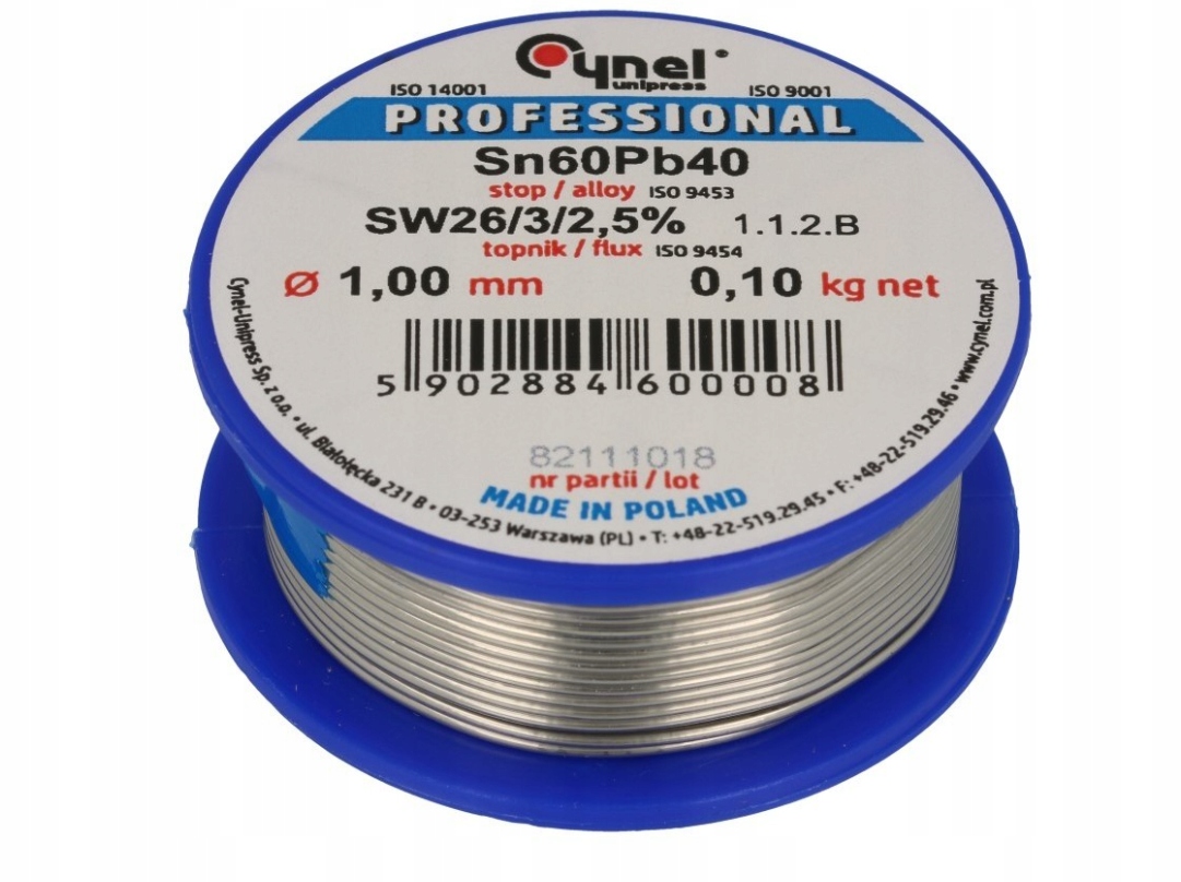 [1szt] Spoiwo lutownicze z topnikiem Cyna 1mm 100g Sn60Pb40 Cynel