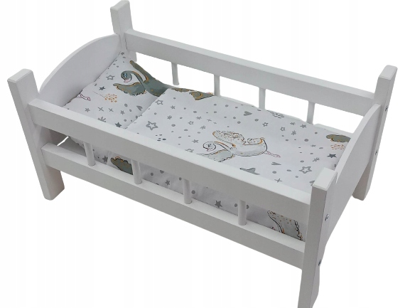 ŁÓŻECZKO DLA LALEK BIAŁE DREWNIANE + POŚCIEL