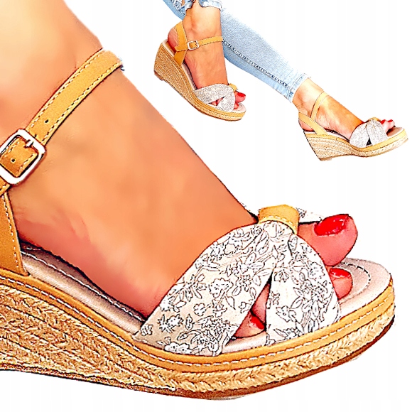 

Sandały Koturny Na Niskiej Koturnie Kwiaty Beż 40