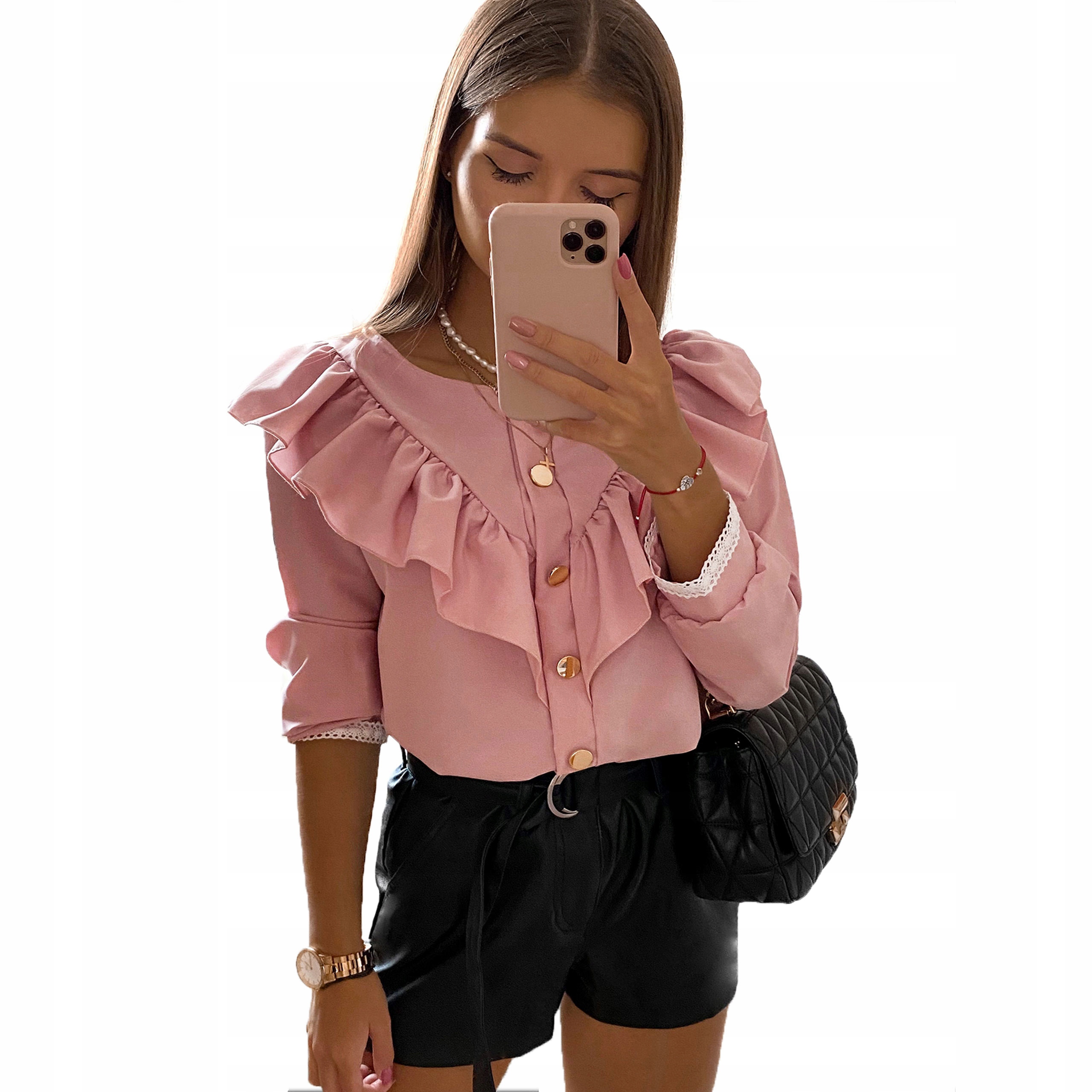 

Bluzka Falbana Złote Guziki Brudny Róż