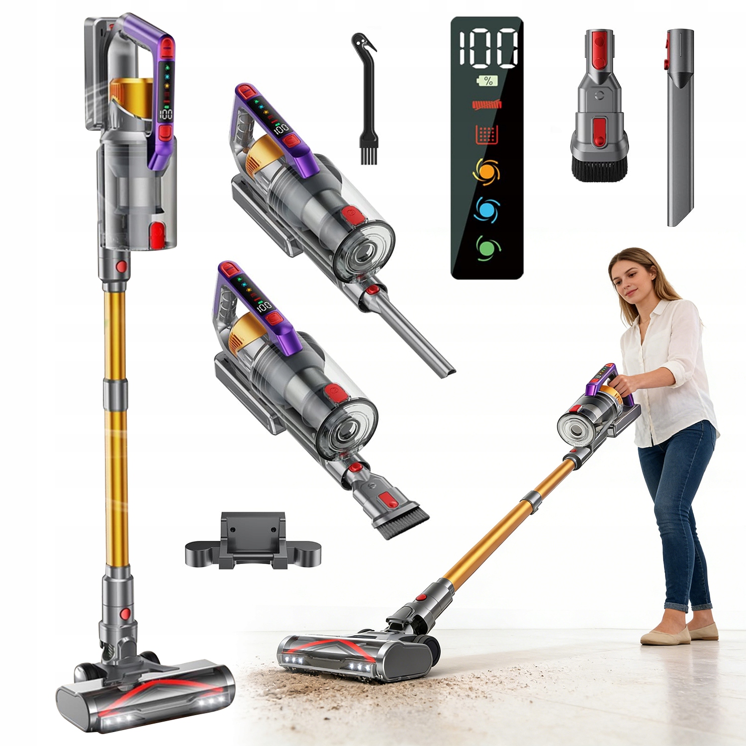 Vysavač Bezdrátový Vertikální Silné Sání Bezkartáčový Led Motor