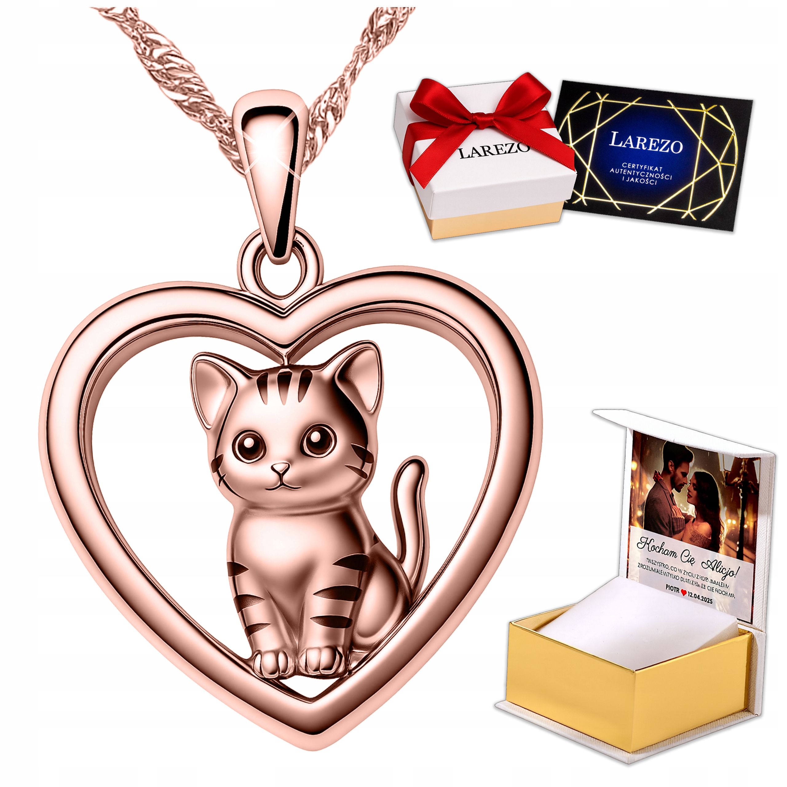 Pozlacený náhrdelník 925 s kočičkou v srdci Kočka Srdce Potisk
