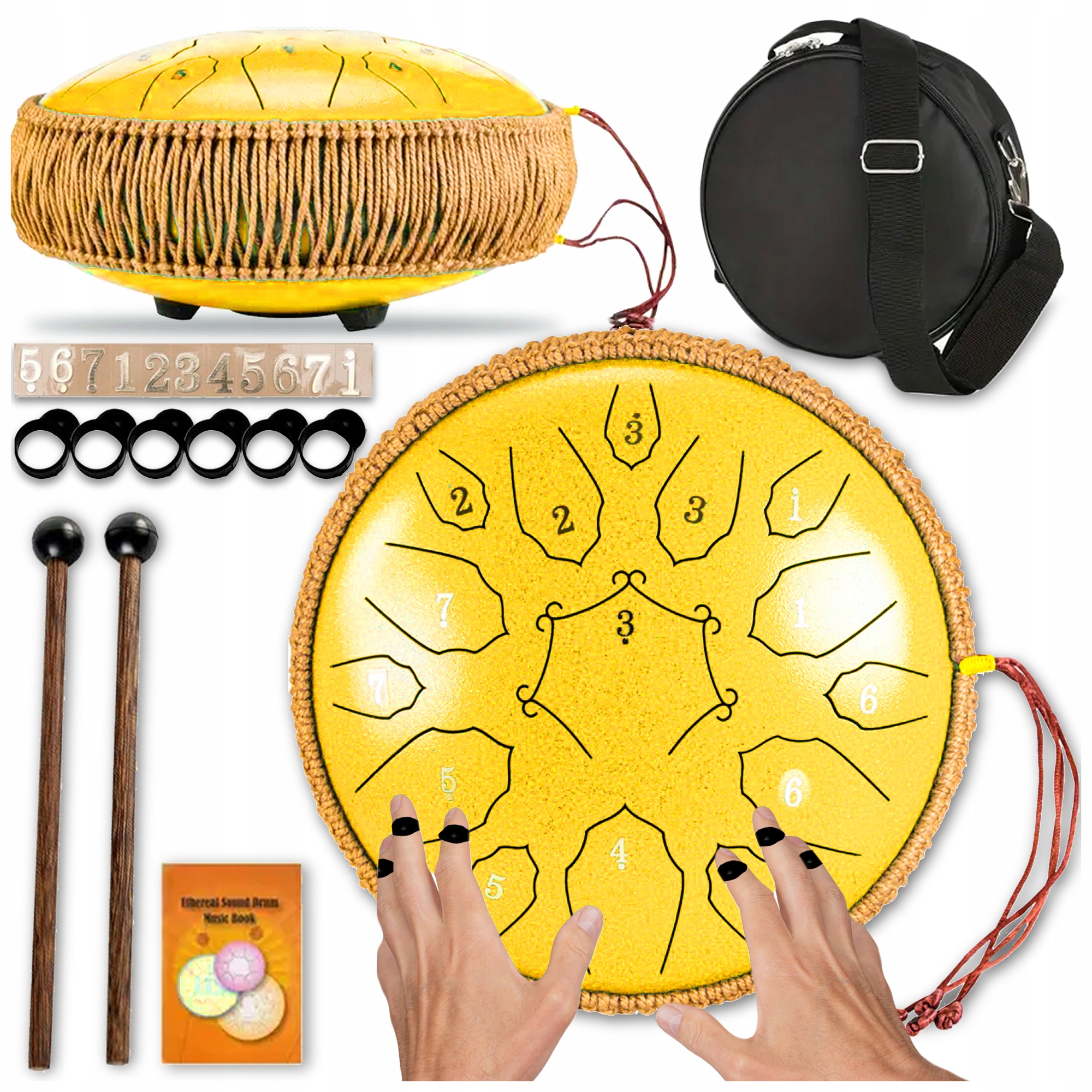 Jazykový Buben Handpan Hudební Ocelový Žlutý 30 CM 15 Tónů Příslušenství
