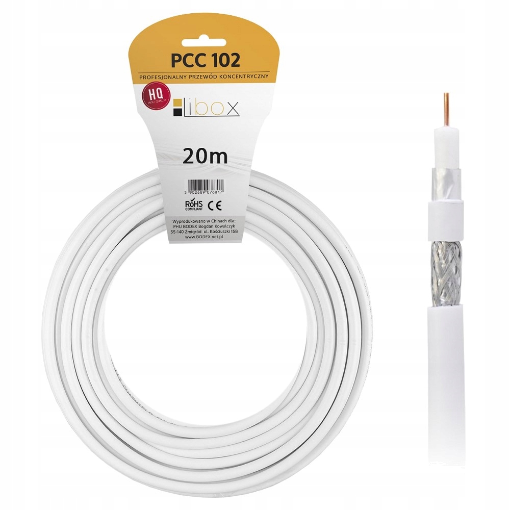 KABEL PRZEWÓD KONCENTRYCZNY DO ANTENY TV ANTENOWY ZEWNĘTRZNY LTE HD 4K 20M Model PCC-102