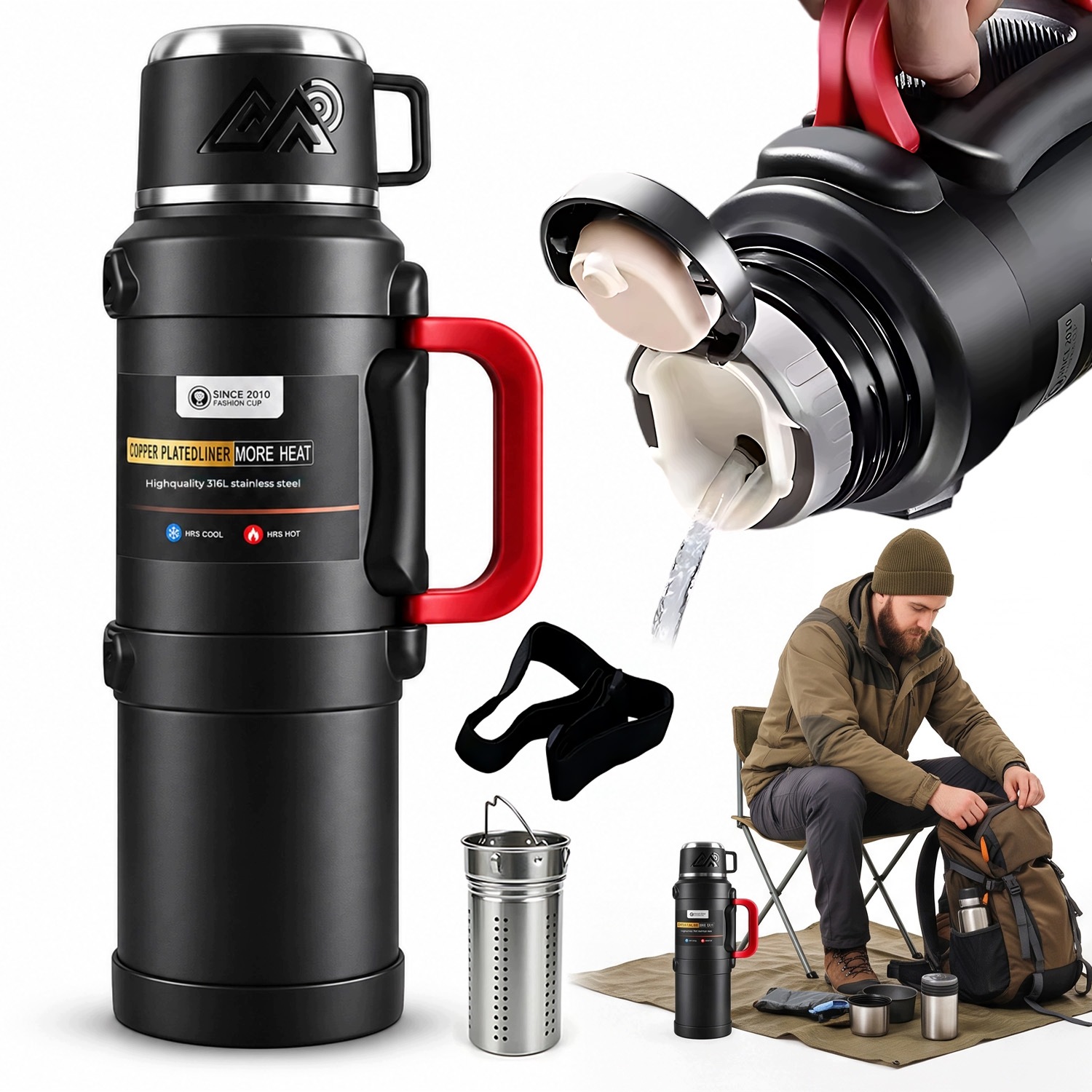 Termoska na čaj 2500 ml, ocelový, s komorou, černý