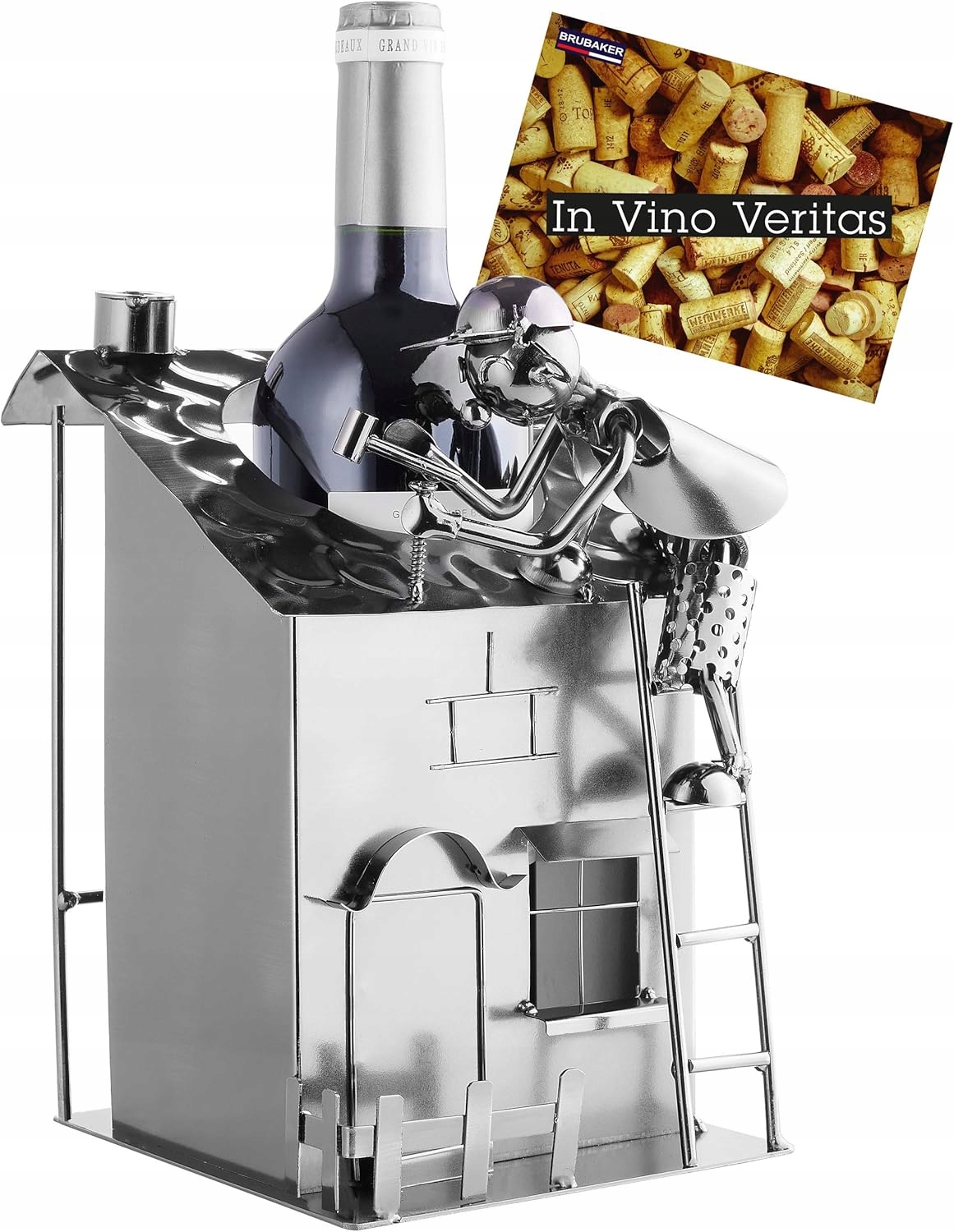 Držák Na Víno Dům S Pokrývačem Kovový Stojan Dárek Kartička 22 CM