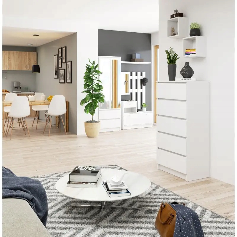 Komoda do salonu wąska 60 cm 5 szuflad szafka bezuchwytowa pojemna Biała Szerokość mebla 60 cm
