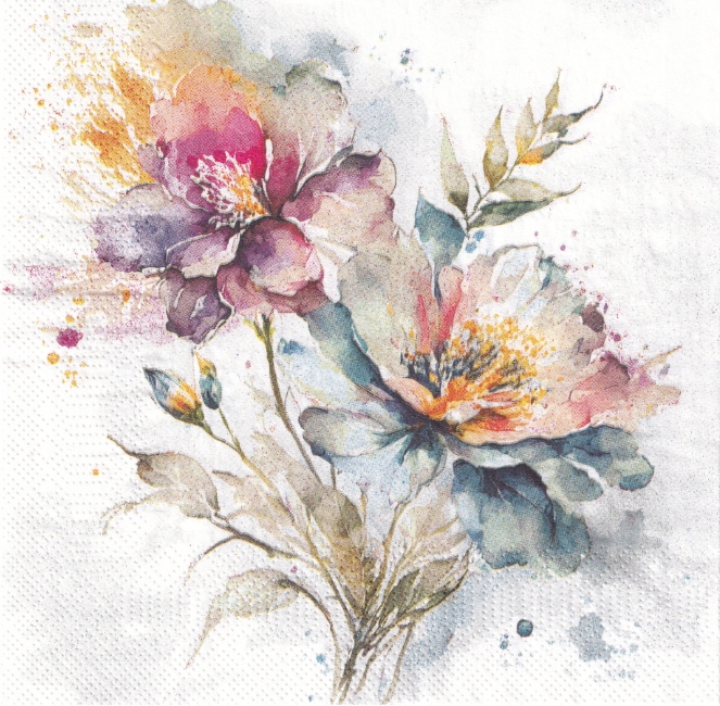Papierowa SERWETKA Decoupage - Akwarelowe KWIATKI - 33x33 cm -1sztuka