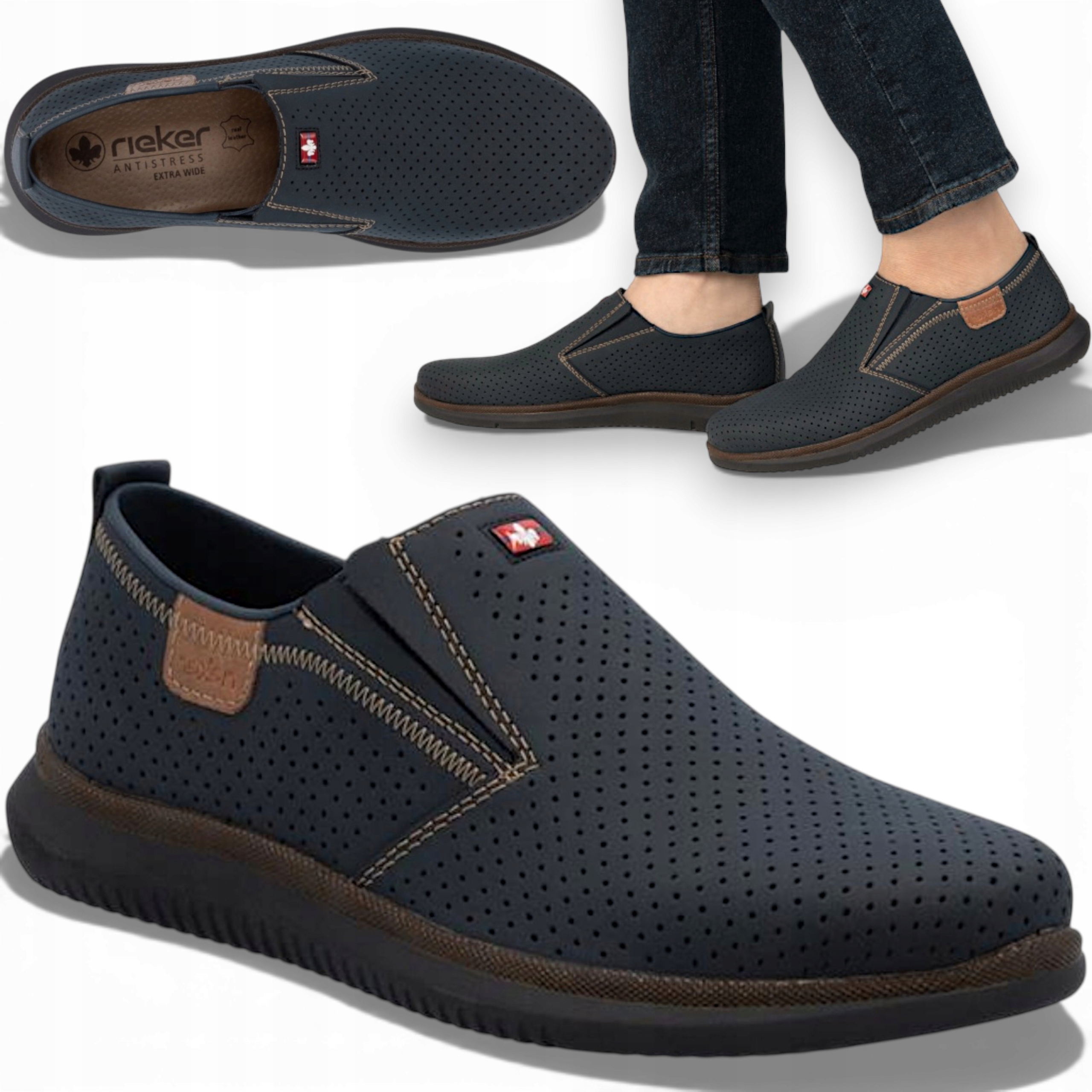 Pánské mokasíny z přírodní kůže 43 Rieker Prodyšné letní lehké ažurové