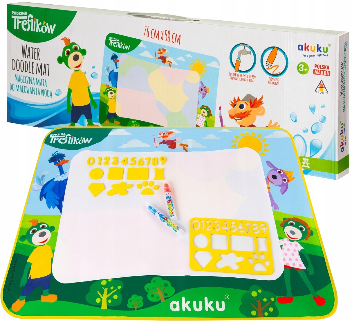 AKUKU MAGICZNA MATA WODNA DO MALOWANIA WODĄ RODZINA TREFLIKÓW ZESTAW A0638