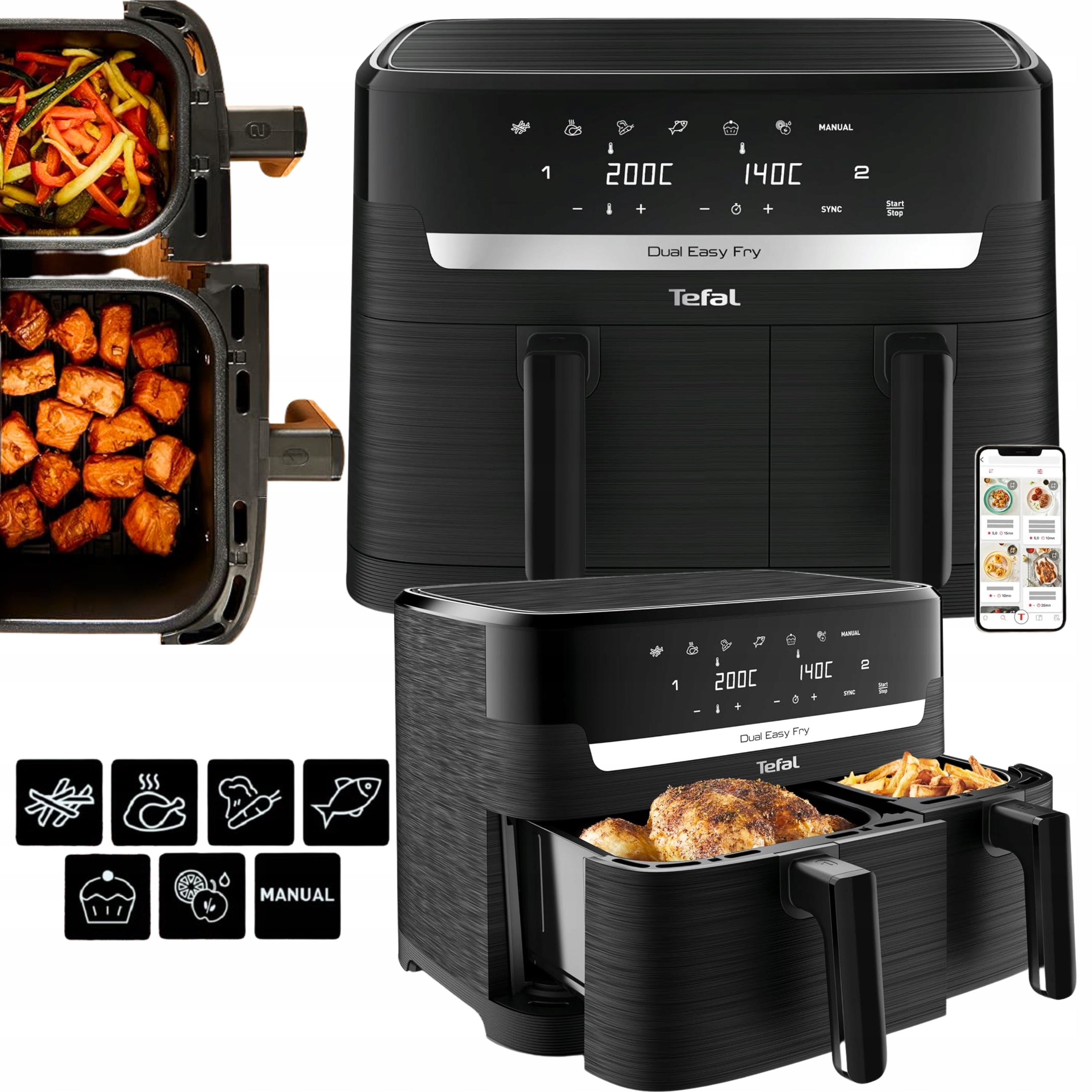 Beztuková Fritéza Airfryer Tefal Dual Easy Fry 2 Koše 8.3 L 2700 W