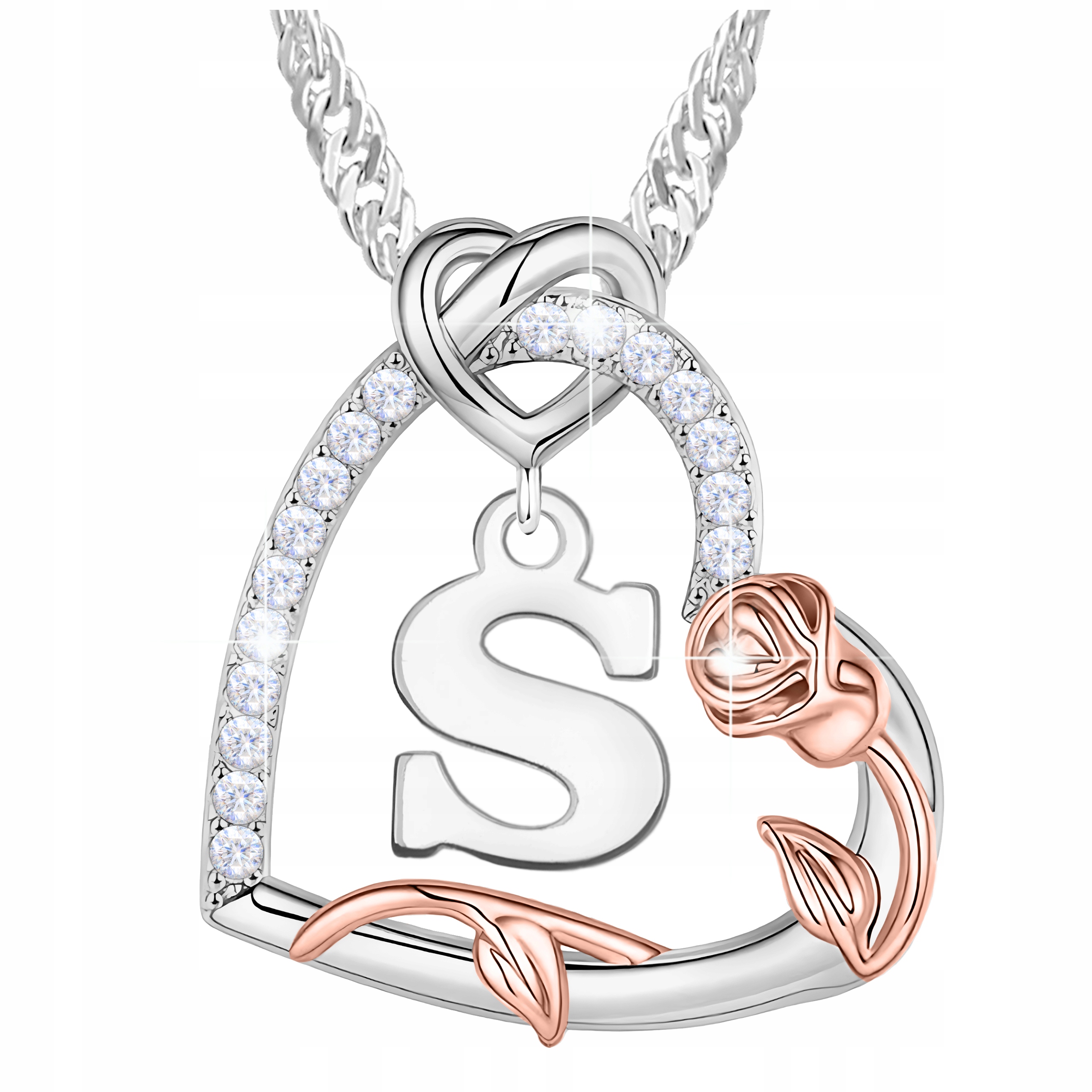 Stříbrný náhrdelník s písmenem S Srdce Květ Růže Písmeno Zirkony Stříbro 925