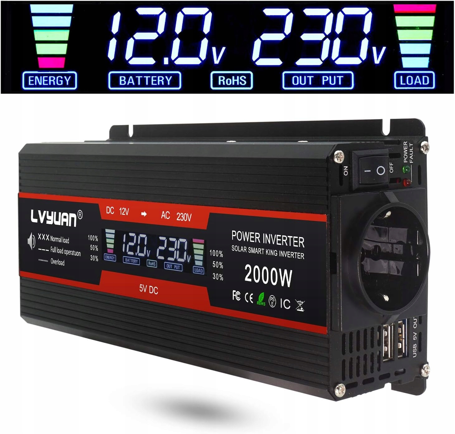 PRZETWORNICA NAPIĘCIA FALOWNIK LVYUAN 12 V 230 V 1000 W 2000 W LCD USB
