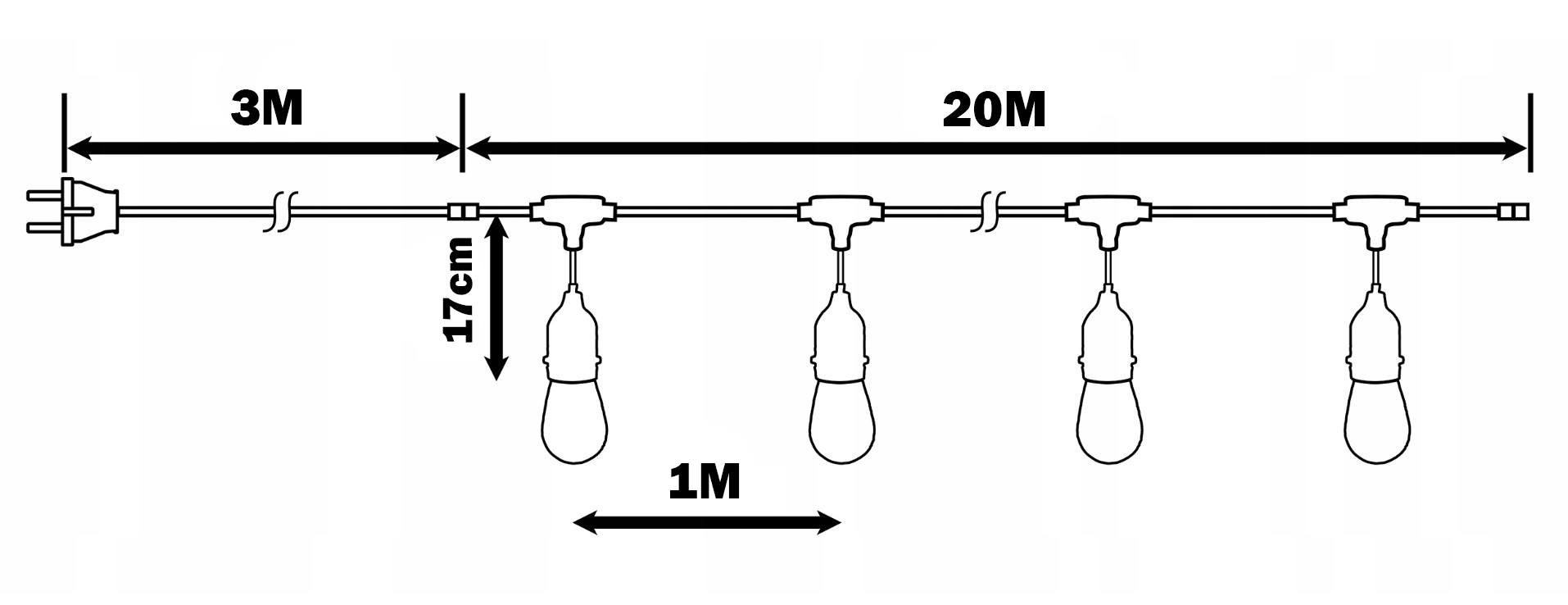 GIRLANDA OGRODOWA ŚWIETLNA 20M lampki led zewnętrzne + 20x ŻARÓWKA LED E27 Średnica kuli 4.5 cm