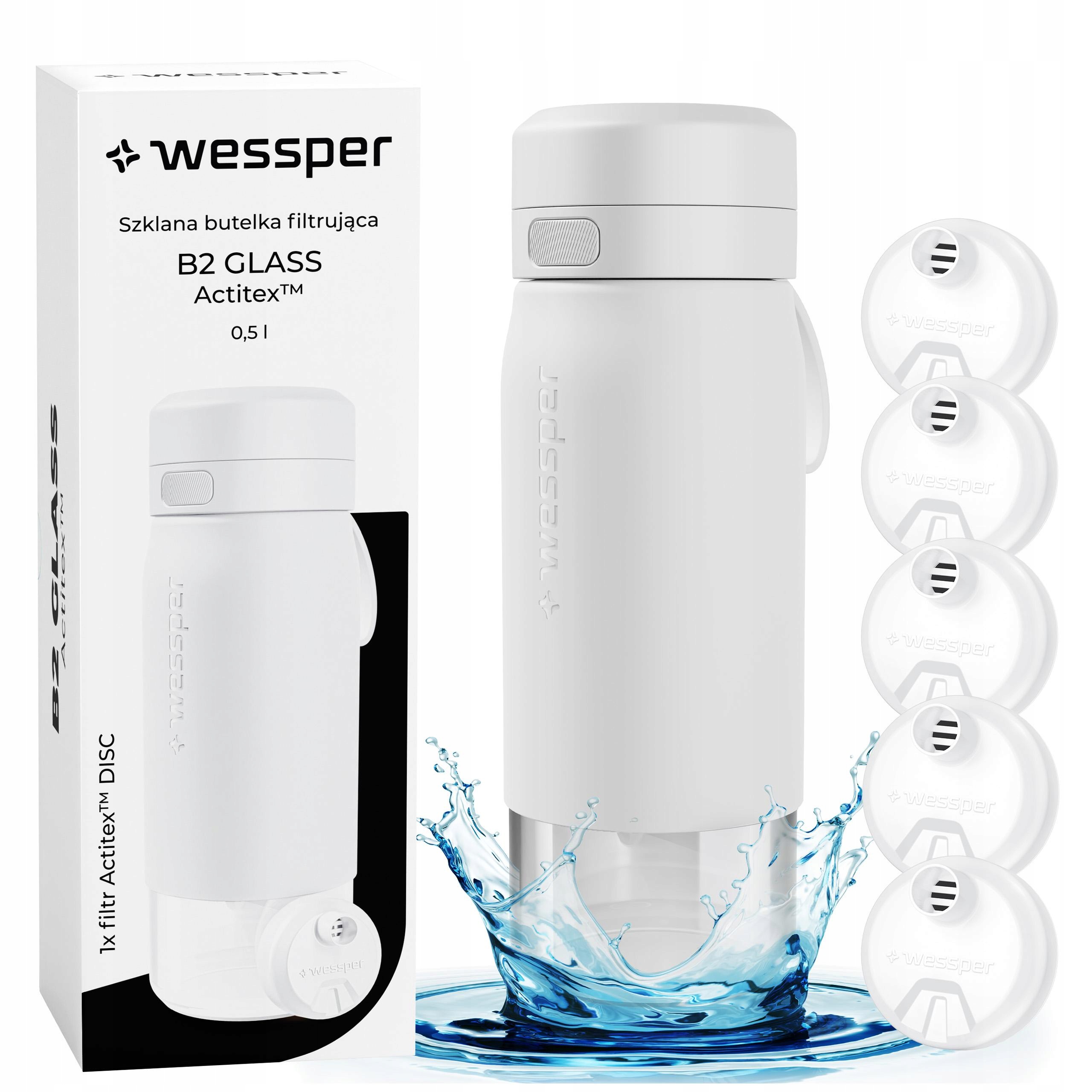 Skleněná lahvička na vodu láhev na pití s filtrem 500 ml Wessper B2 Actitex 5x filtr