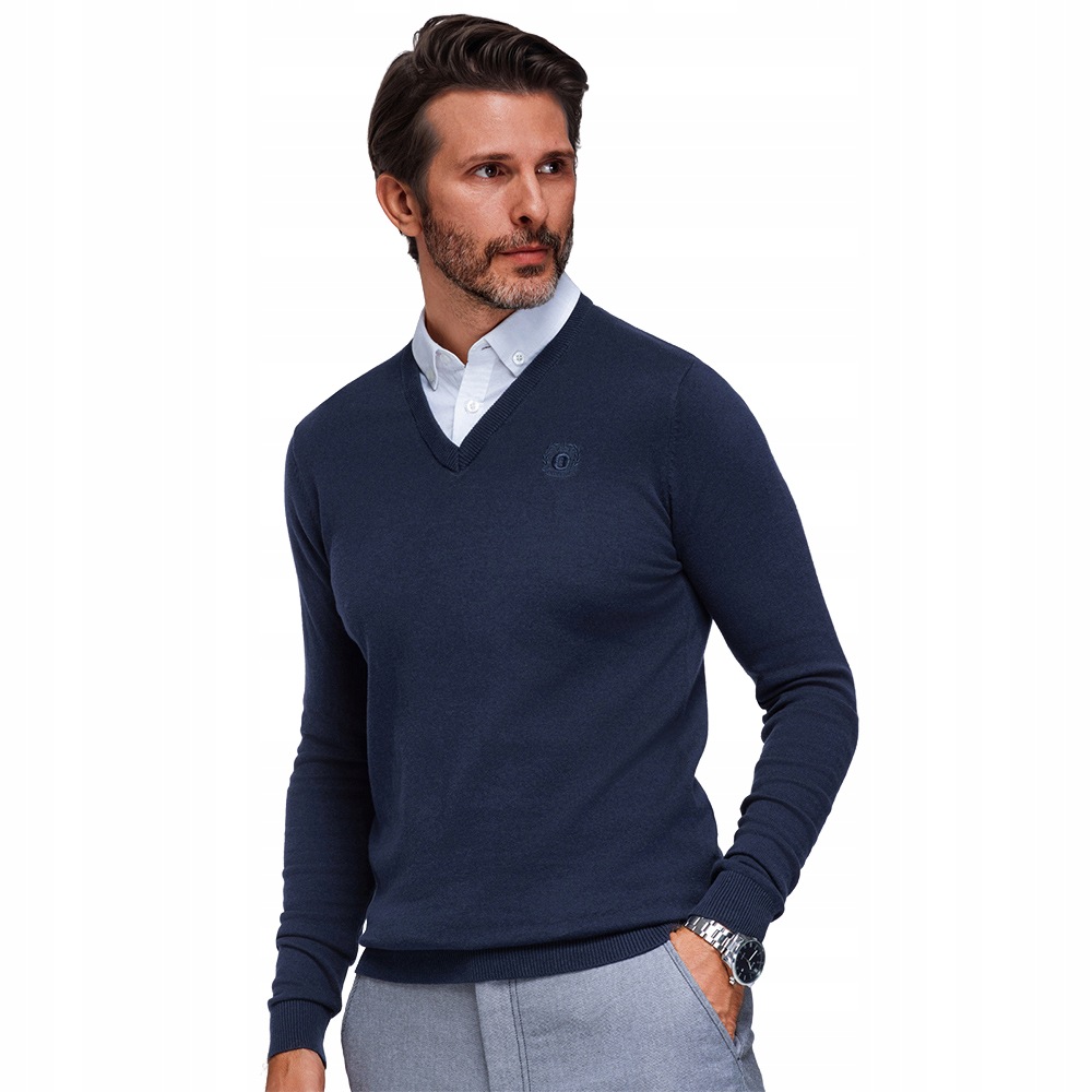 Elegantní pánský svetr s výstřihem do V v modré barvě OM-SWSW-0102 vel L