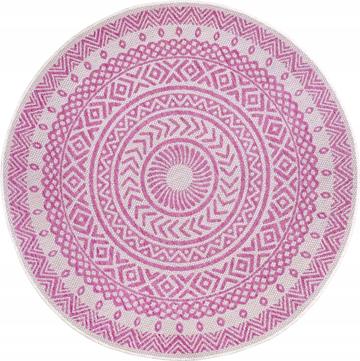 Kruhový koberec na terasu 160 cm, plocho tkaný, ružovo-krémový vzor boho