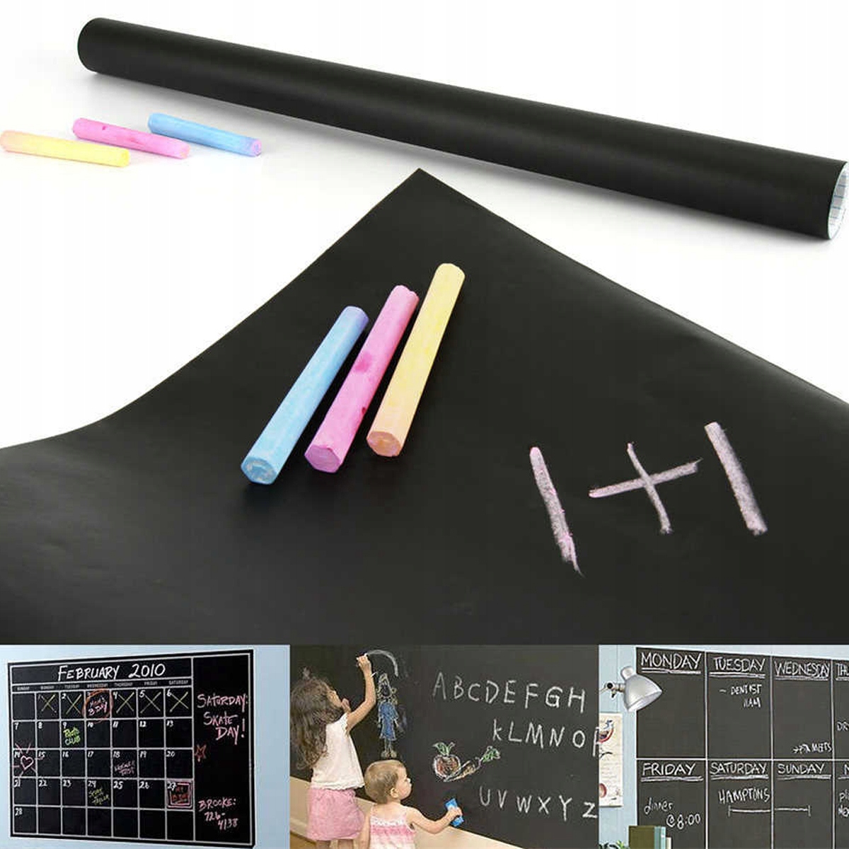 TABLICA KREDOWA SAMOPRZYLEPNA CZARNA DUŻA NA ŚCIANĘ + KREDA 45 x 200 CM Kolor dominujący wielokolorowy