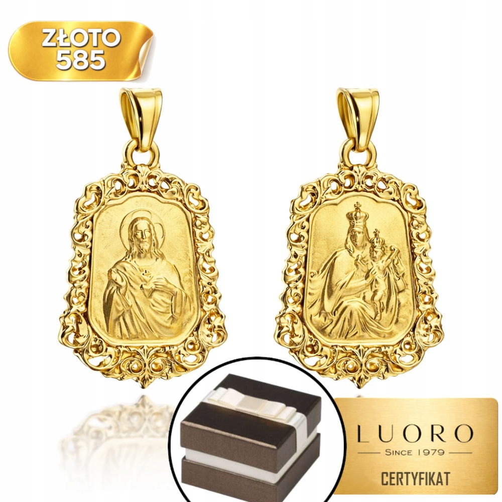 Zlatý Medailon 585 14K Oboustranný Ozdobný Škapulíř 43 MM