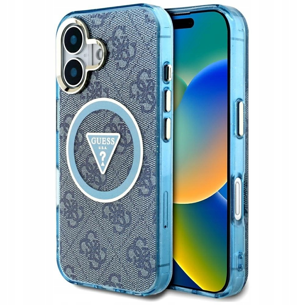 Etui Guess IML Metal Glitter 4G Circle Triangle MagSafe do iPhone 16 niebie