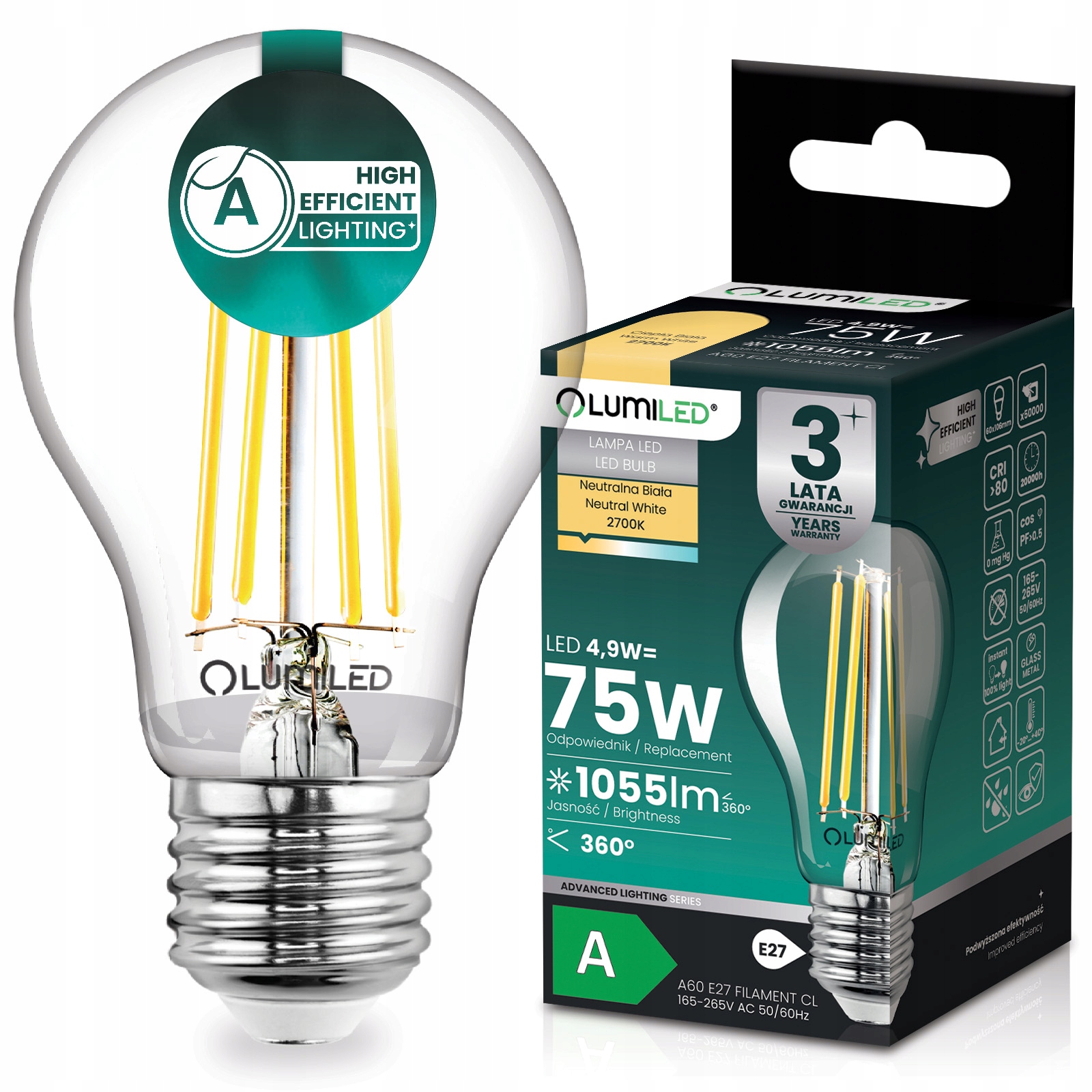ŻARÓWKA LED E27 FILAMENT KLASA A 4,9W 1055LM = 75W 2700K 360° LUMILED