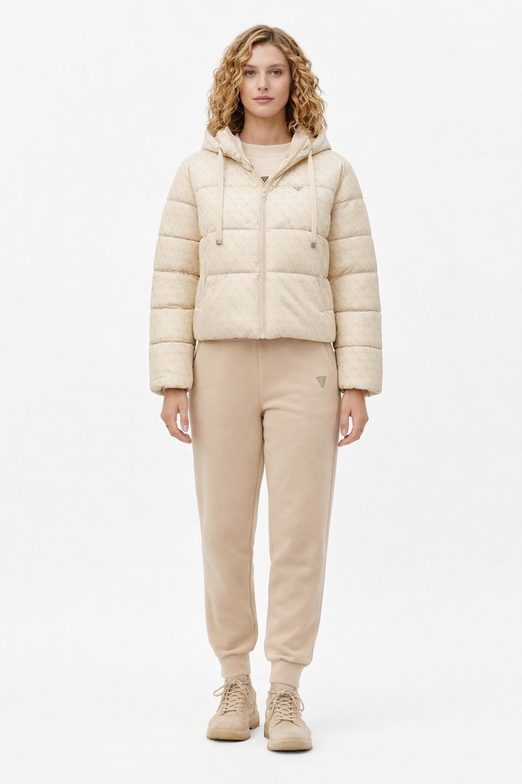 Guess Béžová Krátká Prošívaná Bunda S Logem S Kapucí XL I4B