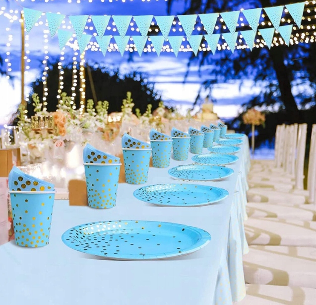 TALERZE KUBKI JEDNORAZOWE SERWETKI PAPIEROWE NIEBIESKIE ZŁOTE URODZINY Marka PartyOn