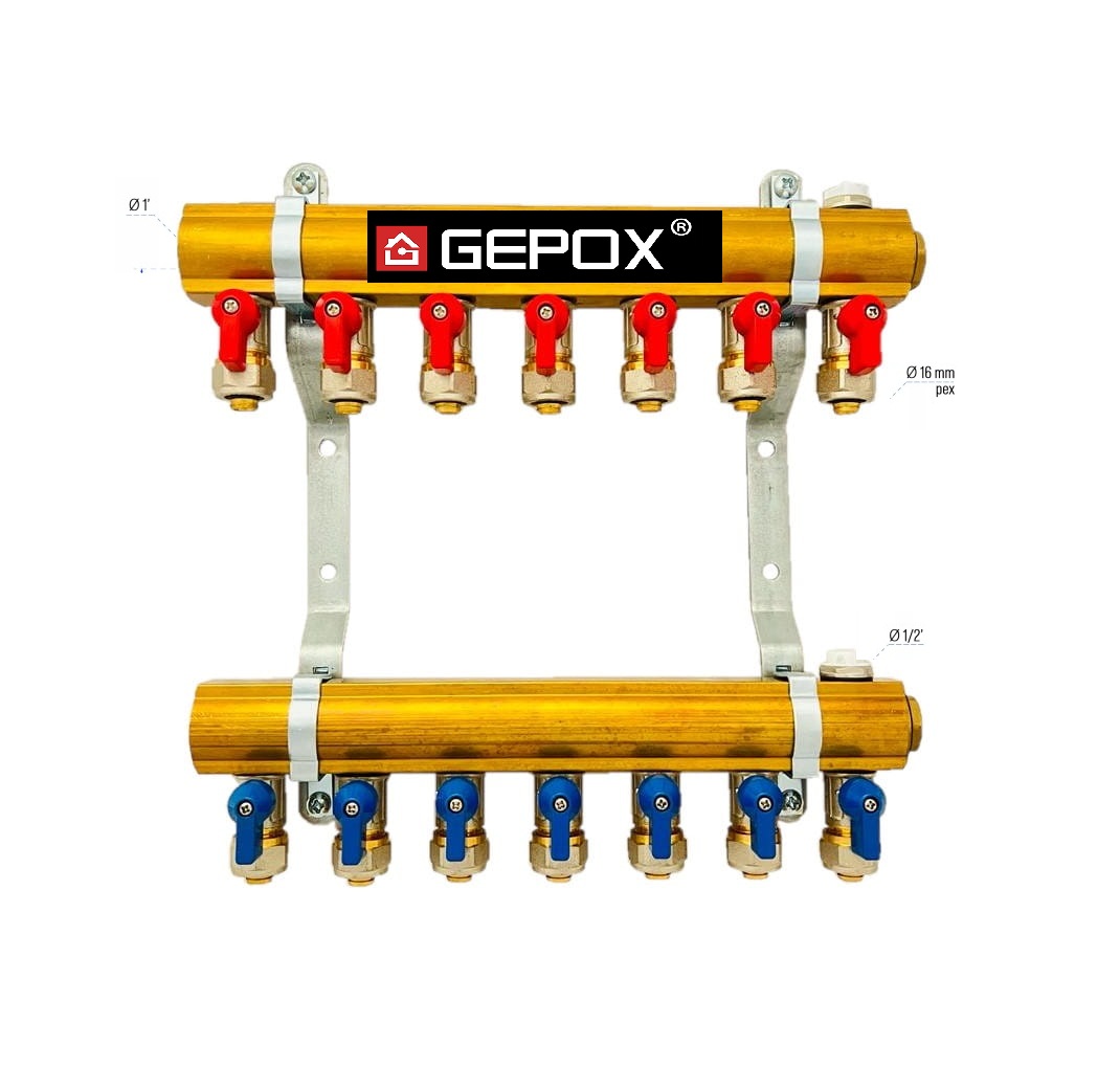 Rozdělovač C.o. 7 okruhů Gepox ventily Pex odvzdušňovače pro ohřívače
