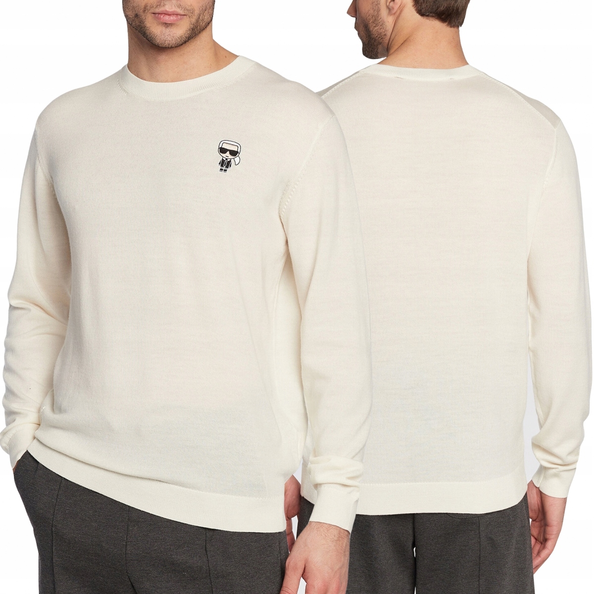 Karl Lagerfeld pánsky sveter z vlny klasický ecru logo XL