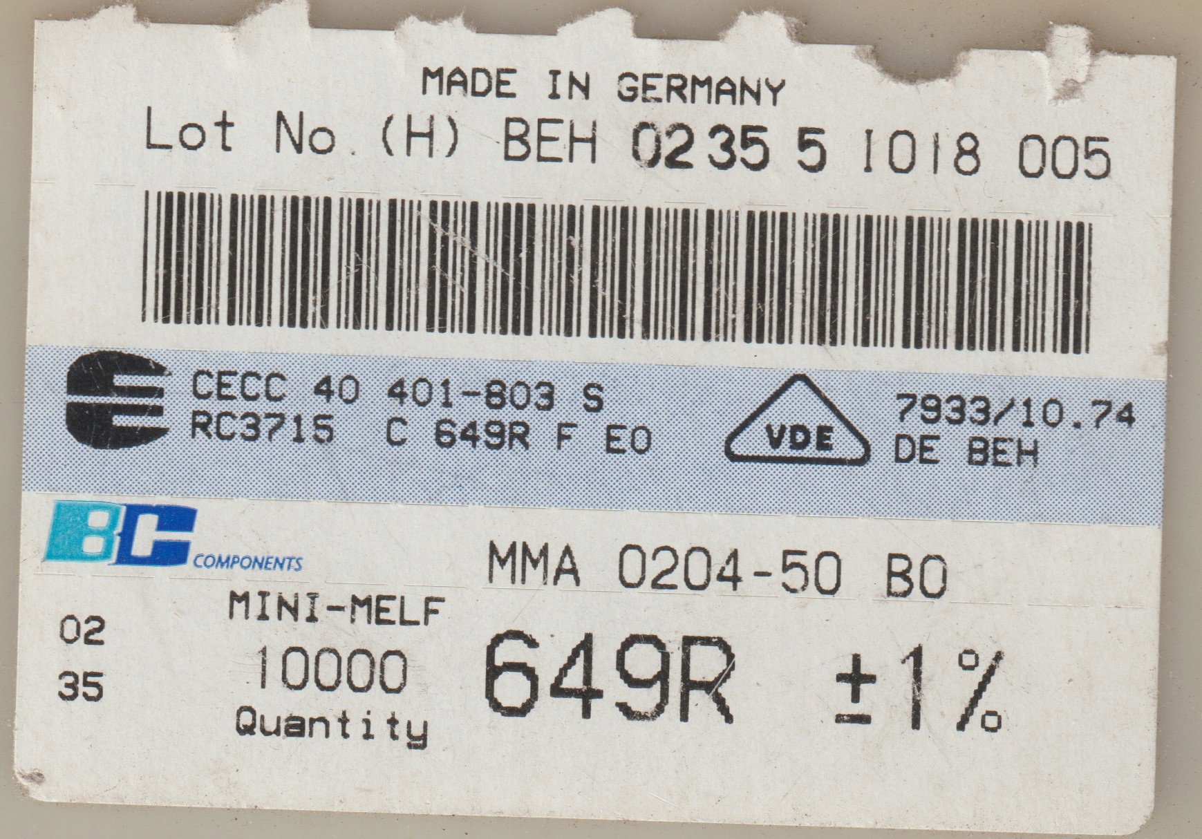 [100szt] 649R 1% 50ppm rezystor Smd minimelf MMA0204 Beyschlag low noise