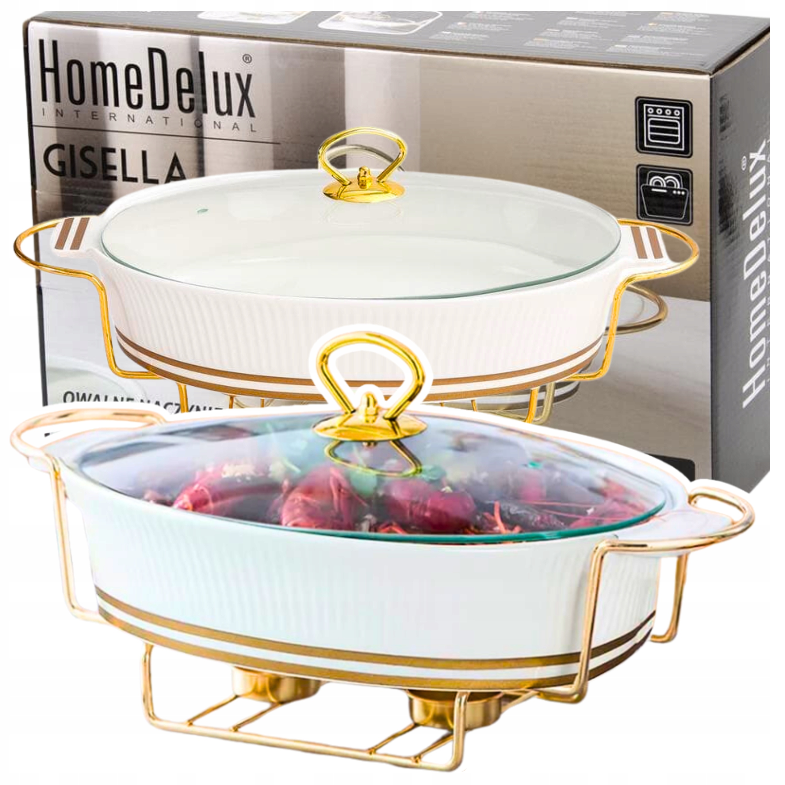 Žáruvzdorná Nádoba S Ohřívačem Keramická Oválná Bílá Zlatá 35x22x16