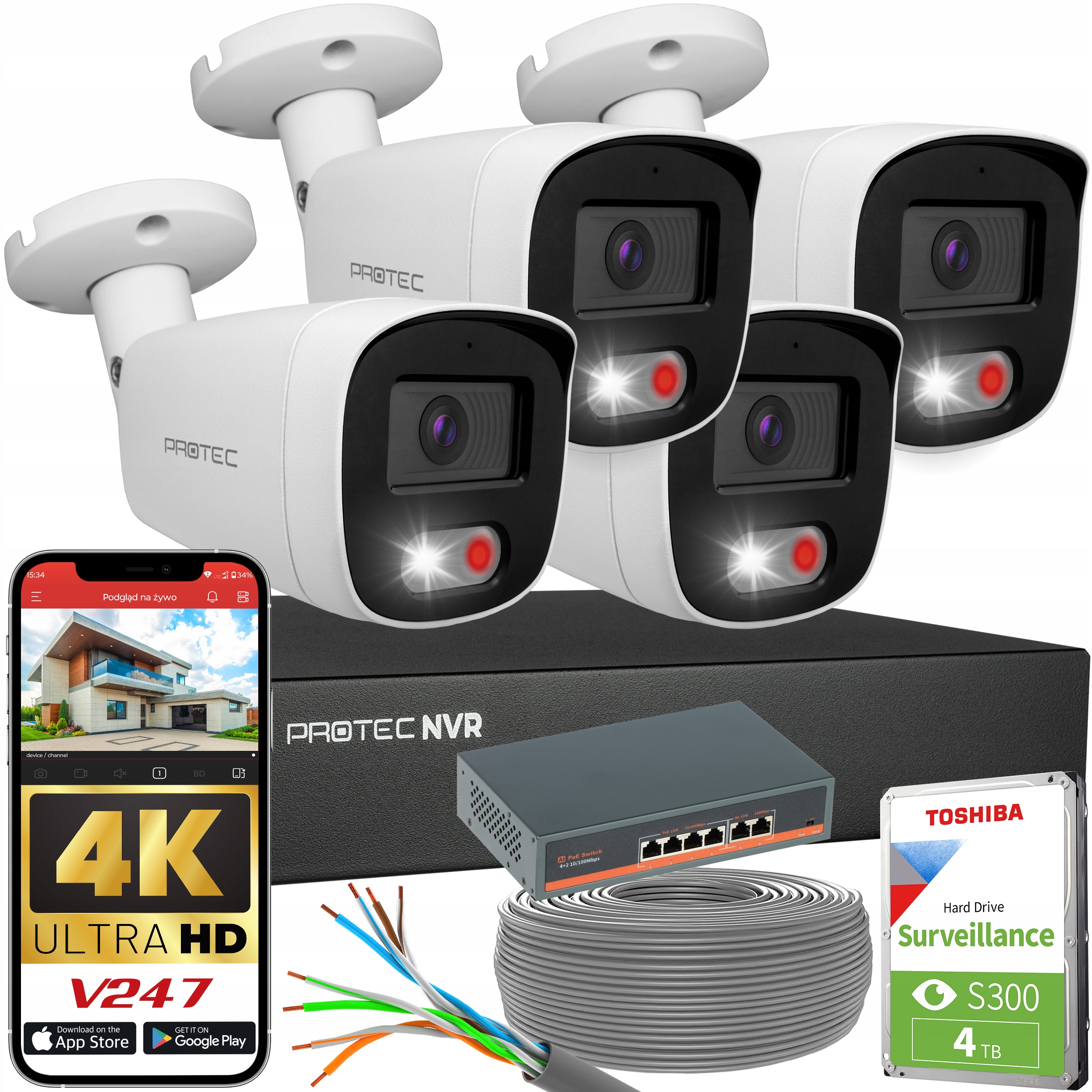 Komplet 4 Kamer Ip 8Mpx 4K Switch PoE Detekcja Ludzi i Pojazdów Hdd 4TB