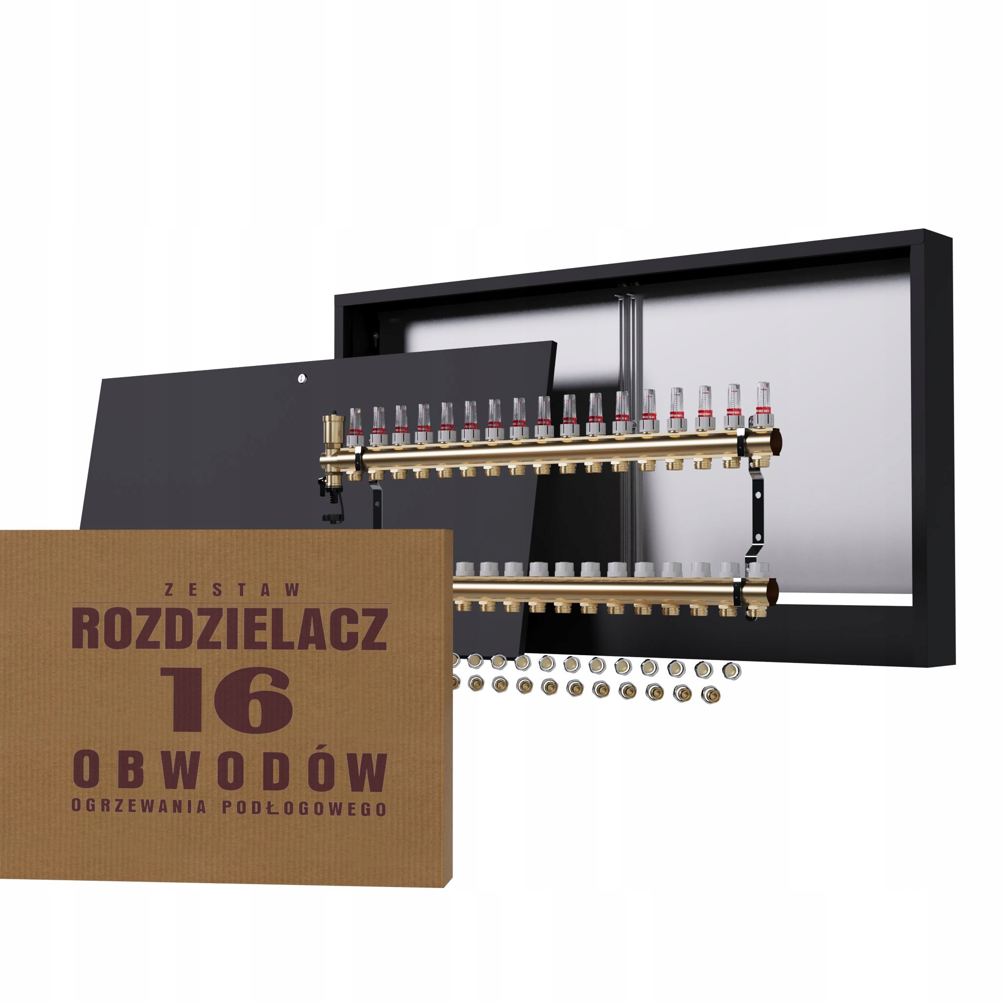 Rozdělovač pro podlahové vytápění 16, nástěnný box, černý Pex