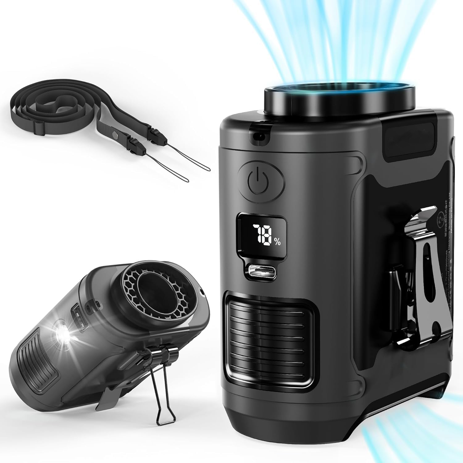 2V1 Svítilna Ventilátor Větráček Na Krk Nebo Přenosný Pás 5 Rychlostí