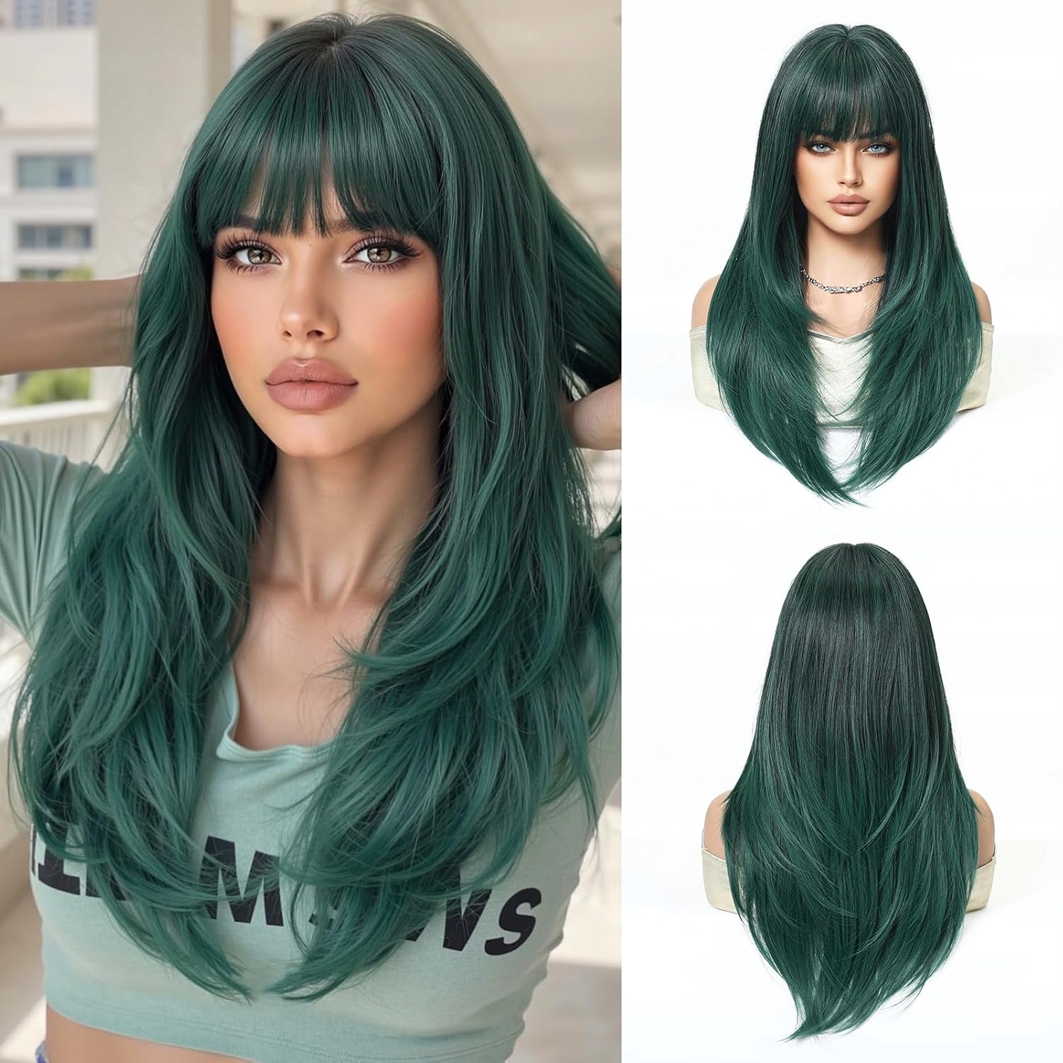Dámská paruka Dlouhá, rovná ofina, barva tmavě zelená, 60 cm