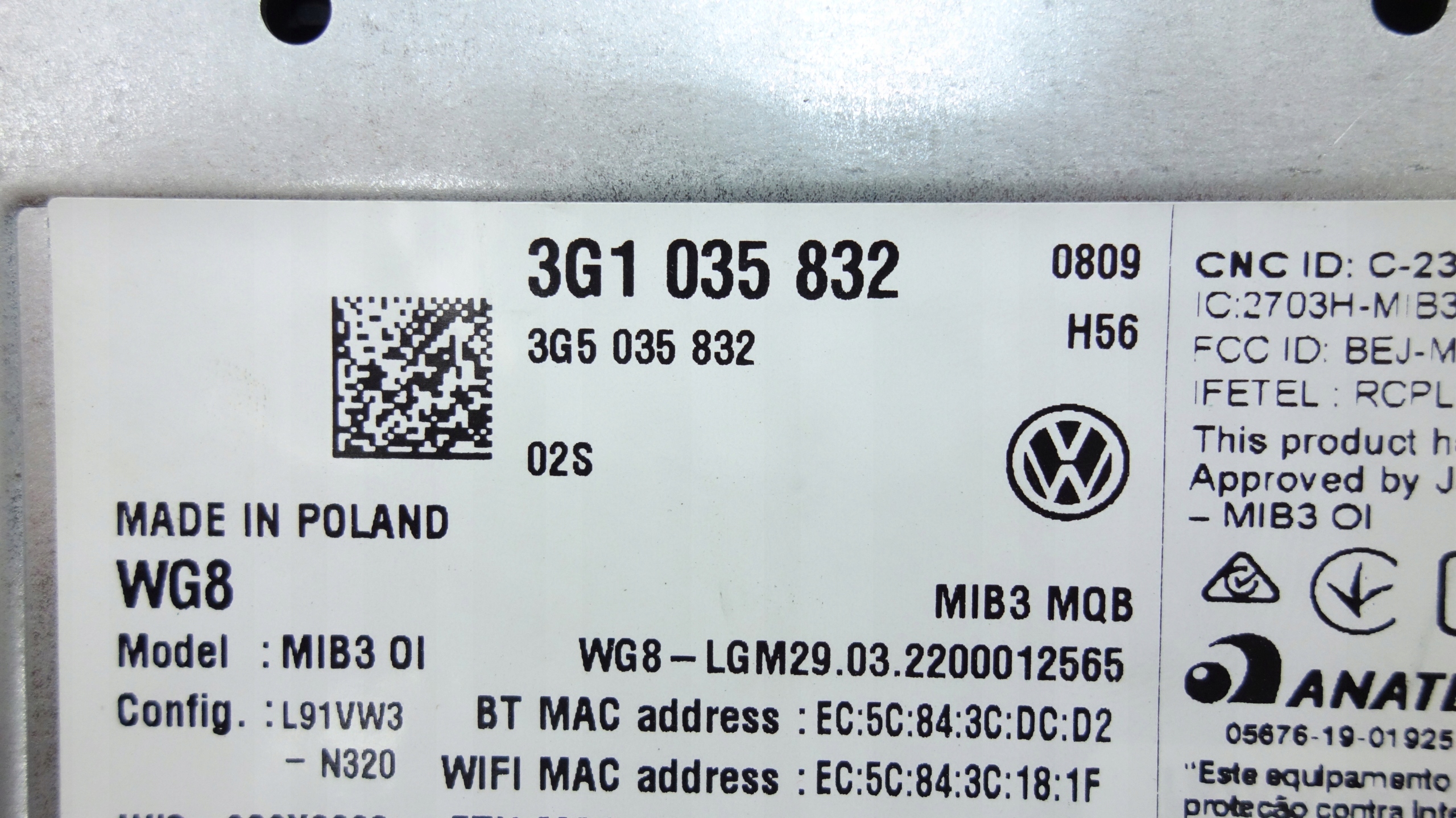 player control unit MIB MIB3 VW PASSAT B8 3G0 3G1035832