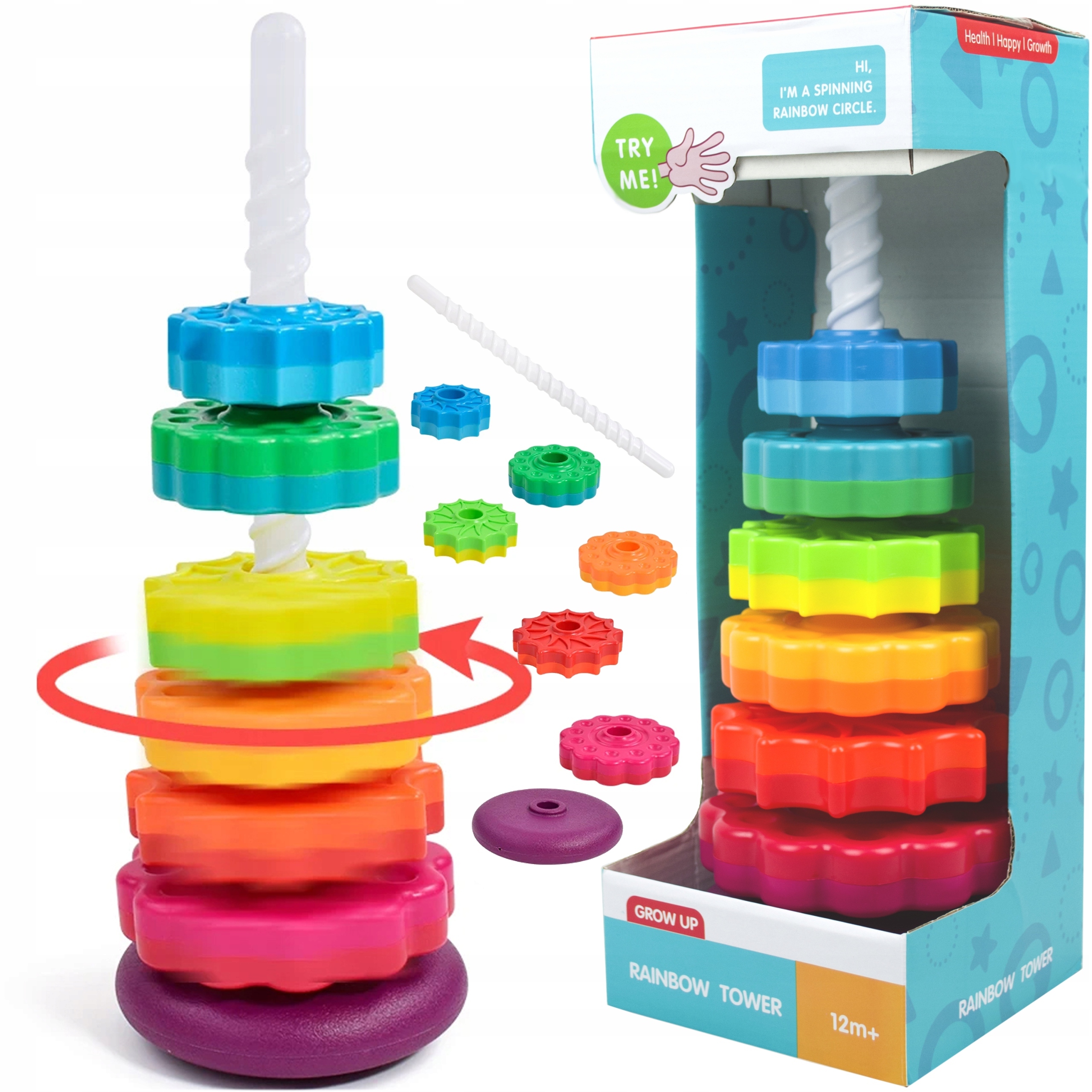 СВЕРНУТАЯ ПИРАМИДА РАДУЖНАЯ БАШНЯ МОНТЕССОРИ ИГРУШКА КРАСОЧНАЯ СПИРАЛЬ 41 СМ