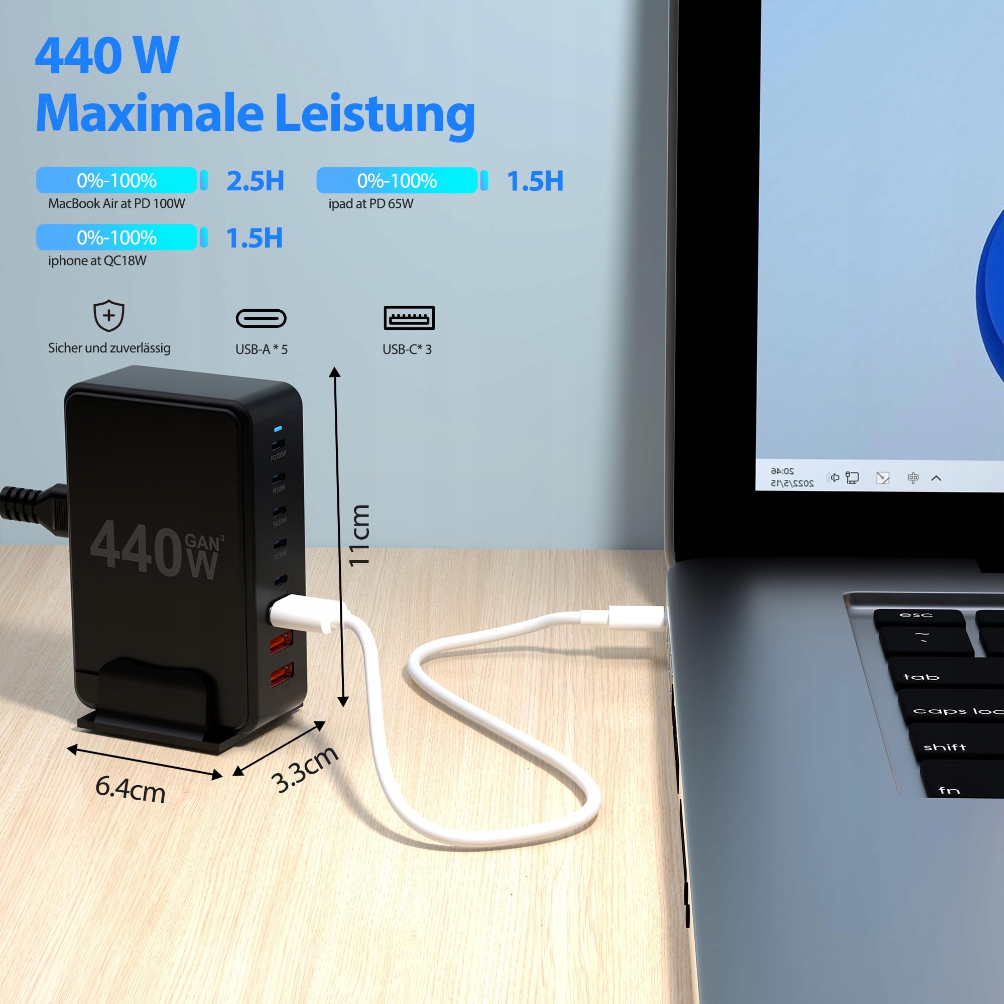 BOTEWO USB C ŁADOWARKA 440W Szybka Ładowarka PD QC 30 Do Urządzeń — miniatura 3