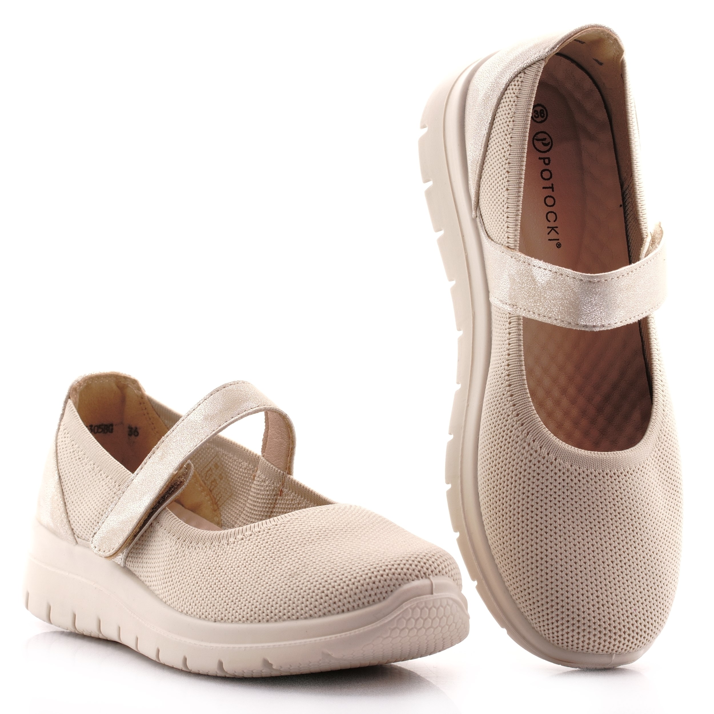 Potocki Damskie Tekstylne Półbuty Wsuwane Na Rzep Beżowe 24305 38