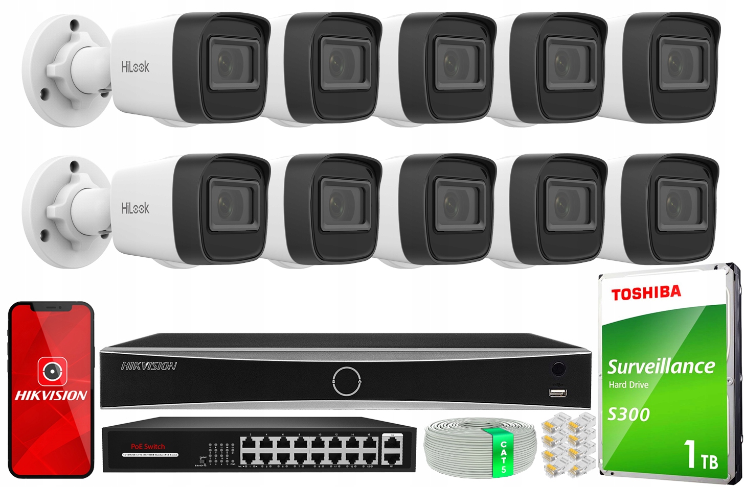 Ip monitoring pro 10 kamer FullHD PoE HiLook od Hikvision s rekordérem Acusense