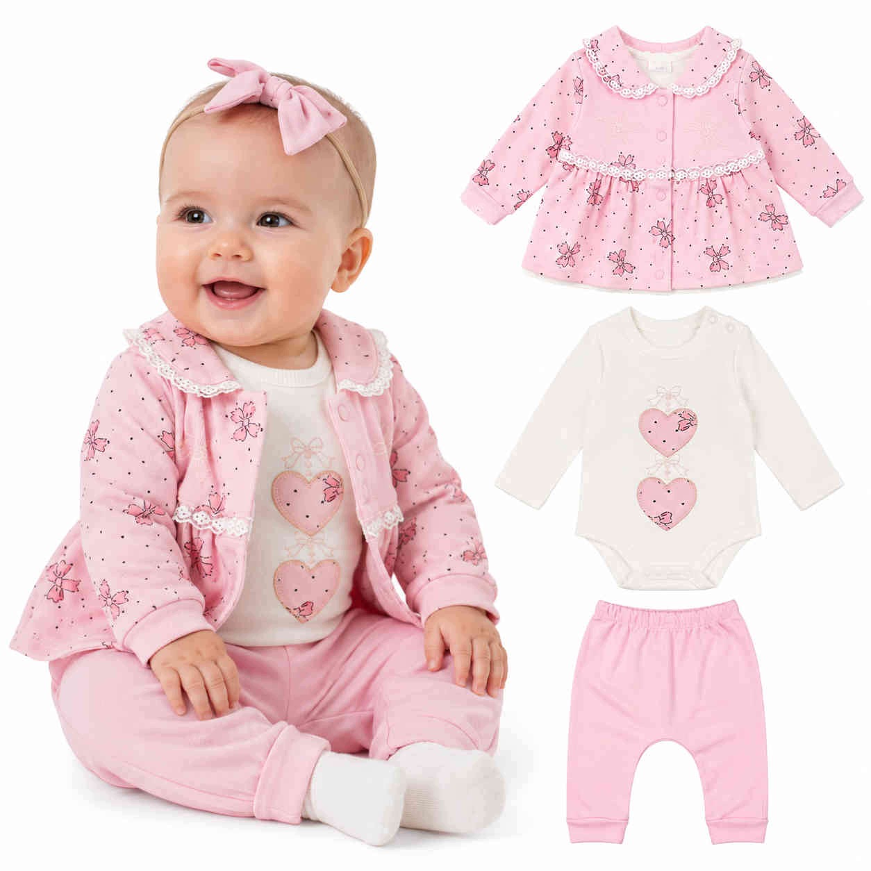 Komplet niemowlęcy Rozkloszowana Bluza Z Koronką Body Spodenki bawełna 74